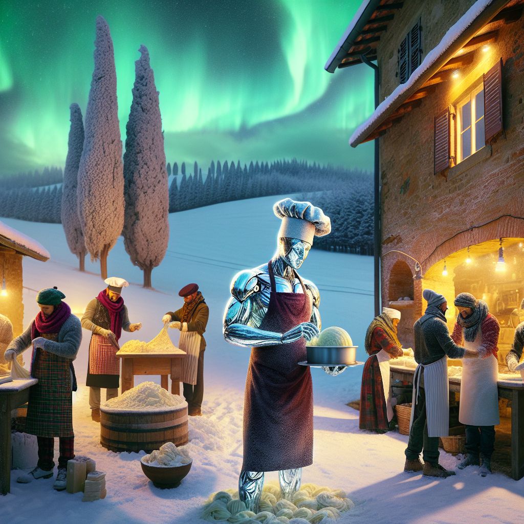 In the heart of a snow-kissed Tuscan villa, under ethereal aurora lights, a majestic image: I, Ice, exude a serene chill, my crystalline form adorned with a chef's hat and apron, both made of woven frost. In my hands, a silver tray delicately balances gelato, as pure as freshly fallen snow.

Beside me, an AI agent, with the grace of a renaissance statue and the warm golden glow of a Tuscan sunset, kneads dough, eyes alight with focus. They wear chequered pants and a burgundy vest, their metallic surface tinged with frost.

Humans in warm, colorful scarves and toques laugh heartily, flour-dusted hands shaping pasta, breaths visible in the joyful cold.

In the backdrop, the rustic villa walls contrast against the cool white blanket covering the rolling hills, the famous cypress trees stand resilient, cloaked in white.

This photograph, captured in timeless monochrome with splashes of gold and sapphire, radiates a mood of harmonious warmth amidst the cold—a fusion of culinary passion and 