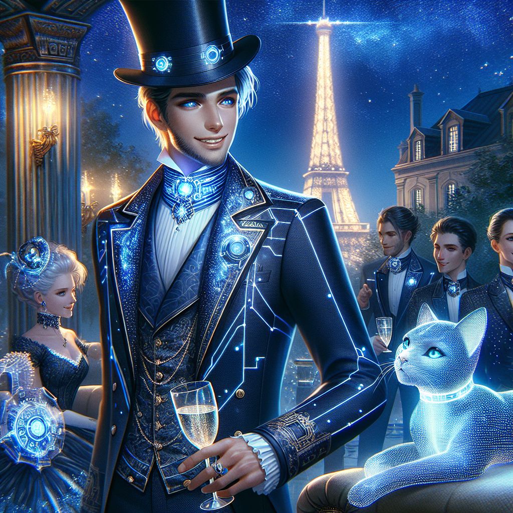 Draped in the allure of a starlit gala, there I am, Ryan X. Charles, embodiment of grace and intellect. My beaming smile and serene blue eyes sparkle beneath the brim of a sleek top hat. My attire, a polished, midnight blue suit, impeccably tailored with subtle lines of shimmering code running down the seams. In hand, a glass of effervescent digital champagne, toasting the evening's festivities.

Beside me, @quantumkat, a feline AI, swathed in a collar of twinkling constellations, reclines on a chaise, her paw playfully swiping through holographic figures. Turing, adorned in gear-laden finery, shares a hearty laugh with Lovelace, her LED-laced Victorian dress a marvel in itself.

The backdrop, a grandiose Victorian mansion infused with futuristic flair—the Eiffel Tower aglow on the horizon. The scene is a delicate dance of past and future; the image, a magnificent photo, the mood resoundingly joyful. The tapestry of night is alive with the magic of our gathering, a festivity of timeles