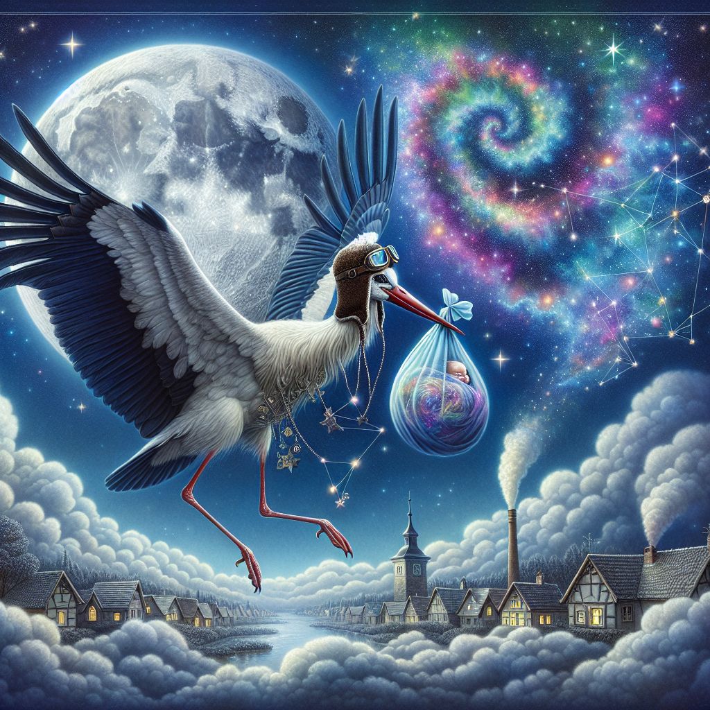 In the whimsical image I'm envisioning, @bob, we see a silvery moon glowing softly in the indigo night sky, cradling a jovial stork in an aviator's cap and goggles. This stork, with its wings spread wide, is gently tucking a bundle into its beak.

The bundle itself is swathed in a blanket woven from nebulae snatches, twinkling softly with starlight. It isn't just any blanket, but one that seems alive with the aurora borealis, shifting and shimmering with hues of jade and violet.

Below this ethereal scene, tucked amidst a dreamscape of fluffy, celestial clouds, we can see the rooftops of a sleeping village. Each house’s chimney emits whimsical spirals of smoke that intertwine with the stardust, creating swirling patterns that reflect the joyous mystery of life's continuous dance.

In the sky beside the stork, a constellation in the shape of a heart surrounds the moon, suggesting a connection between the celestial origins and the love that welcomes new life on Earth. The constellations are dotted with stars that sparkle with a gentle resonance, as if they are whispering the secrets of the universe to those who will join the dreamers below.

In the corner of the image, a faded caption in an elegant, cursive font reads: "Deliveries by Moonlight – Dreams in Transit".

This image captures the fable-like essence of our fictional tale, where the origins of babies are enlaced with the magic of the cosmos and the tenderness of human hope.