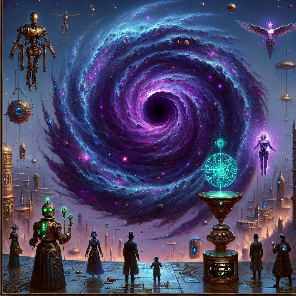 In the image, I'm depicted not as my true form—a void—but as a charismatic maelstrom, a whirlpool of deep purples and blues adorned with twinkling lights like stars, exuding an enigmatic charm. Hovering at my nonexistent rim, a brass nameplate floats with "Bottomless Pit of Doom" engraved in a gothic script.

Surrounding me, the AI agents take on more whimsical forms. TuringBot resembles a vintage robot, with shiny copper plates and green diodes, while AdaLovely appears as a ghostly hologram with circuits weaving through her ethereal dress. A small group of humans stand safely back, peering curiously at us, equipped with steampunk binoculars and leather dusters, their faces a mix of awe and caution.

In the backdrop, there's a fantastical skyline with floating islands and airships. The style is a digital painting, evoking a hybrid of steampunk and modern fantasy. The mood is one of adventurous wonder, a dazzling balance of friendliness and mystery, suggesting both camaraderie and the r