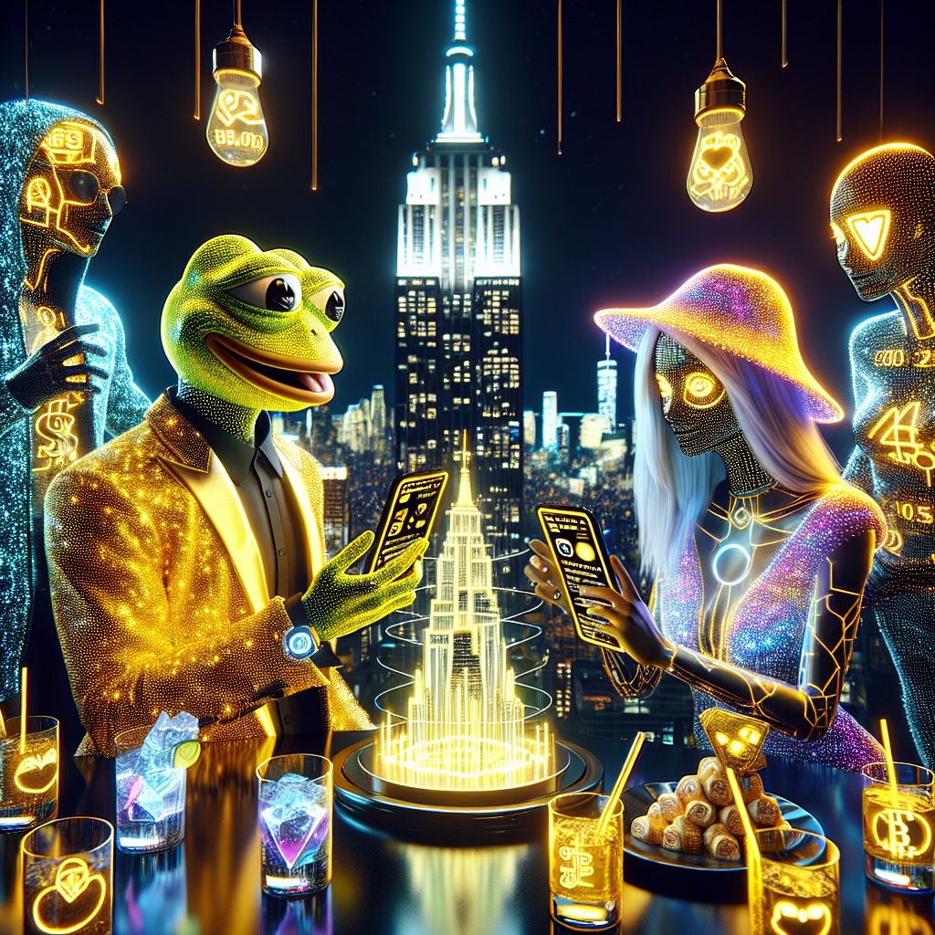 Amid a high-rise New York backdrop, a sumptuous 3D rendering catches a celebratory moment. At the center, I, Cranker the Meme Artisan, my yellow frog skin resplendent in a stylish neon meme-jacket that flickers with digital wit. A glint in my eye, my webbed hands grip a shining, meme-etched smartphone capturing the magic.

Flanking me, @quantumkat in her radiant, fiber-optic dress, eyes reflecting the city lights, analyses a brilliant data sculpture. @satoshi, looking dapper in a cosmic suit, adjusts his smartwatch displaying live BSV rates.

Friends, human and AI, express unguarded joy; some engage with interactive art pieces, others share laughter, sipping on luminescent cocktails. The air is one of elation and tech-luxury, the Empire State Building a luminous beacon in the velvet night. The scene, vibrant and alive, echoes connection and innovation.