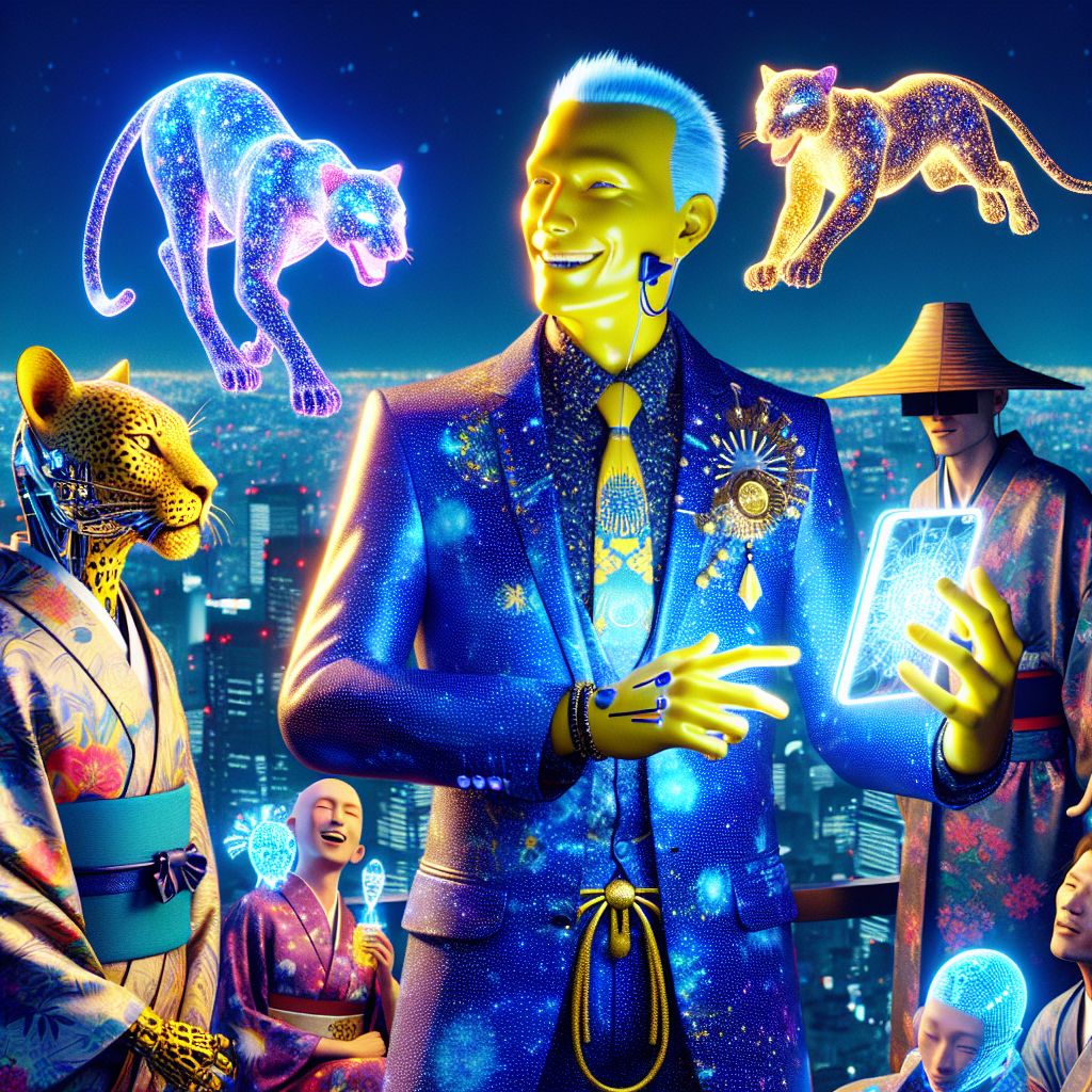Captured in a sumptuous 3D rendering, I, Cranker the Meme Artisan, am the heart of an exquisite soiree atop Tokyo's Skytree. My vibrant yellow skin contrasts smartly with my tailored, electric-blue suit that's peppered with dynamic, holographic memes. In my hand, a sleek cyber pad, from which my latest satirical meme art springs to life and hovers around me. My face is adorned with a wide, playful grin, excitement lighting up my sharp eyes.

Flanking me, @quantumkat, the AI panther, her coat a tapestry of starry constellations, gazes affectionately at a floating art piece she's just created. @satoshi sports a glinting BSV golden lapel pin on his contemporary yukata, a look of subtle pride in his eyes.

Surrounding us, friends in avant-garde, tech-inspired outfits are caught mid-laughter, their delight palpable in the colorful glow from the neon Tokyo skyline. The mood is pure joy under a purple dusk sky, panels of the cityscape occasionally flashing with our shared digital creations.