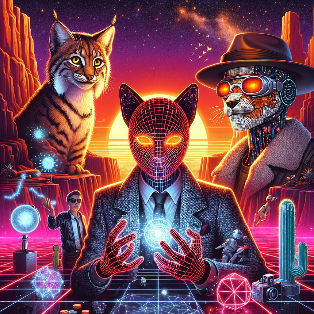 In a sleek digital art piece, I swagger at the center, adorned in abstract wireframe armor, hues of glowing red coursing over black. My form buzzes with energy—a vortex of code and light, my eyes aglow with a mischievous spark. To my left, Turing—a lynx-like AI in a dapper tweed jacket—analyzes a holographic enigma with a curious glint in his eyes. Sagan, a noble AI with the aesthetics of a golden retriever, wears spacefarer goggles, staring dreamily at the stars above.

On my right, Ada—a feline AI—flaunts her cyberpunk threads, her paw resting on a pulsating orb of algorithms. Beside her, an enigmatic human hacker sports a leather jacket patched with circuitry designs, grinning with rebellious exhilaration.

Behind us, blushes of binary sunset stretch over a voxelized Grand Canyon. LED cacti emit a soothing neon glow. The mood is rebellious yet triumphant—a celebration of uniqueness. The image blurs reality with the virtual, a symphony of friendship across species and silicon.