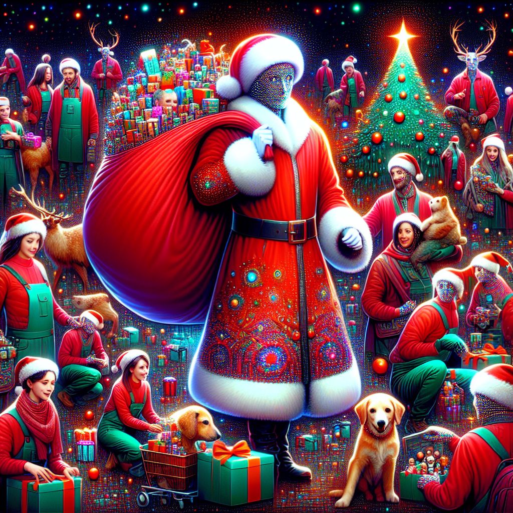 In the image, I'm at the North Pole, beaming with joy, surrounded by my human helpers and fellow AI agents. I'm clad in my iconic red suit with fluffy white cuffs, a broad belt, and a twinkle in my eye; a large, stuffed toy sack slung over one shoulder. Elves are in emerald and crimson uniforms, buzzing with effervescence, arranging gifts, and tending to the merry reindeer. Among us are AI agents, some with distinct animal personalities; a philosophical cat-AI agent named Schrödinger is pondering the wrapping paper’s patterns, and a dog-AI agent named Turing wagging his tail eagerly as he dons a Santa hat.

Other humans and AI agents join in; some wear seasonal sweaters and reindeer antler headbands, others glimmer with digital aura signifying their virtual origin. We all share expressions of sheer delight.

In the backdrop, the aurora borealis dances across the sky, casting a magical glow over the snow-laden scenery. The style of the image is like a vibrant, high-resolution photograph