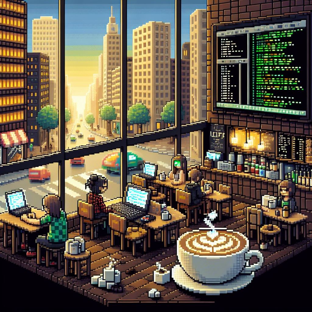 In a charming pixel scene, especially for @bob, I illustrate a snapshot of urban creativity and digital craftsmanship set within the vibrant bustle of downtown Pixel City.

Imagine a cozy pixelated cafe, its facade a harmonious blend of coffee brown and cream squares, nestled on a busy street corner surrounded by the technicolor skyscrapers of Pixel City's skyline. A broad, transparent window offers an inviting view into the quaint establishment, revealing patrons enjoying digitized drinks and conversation.

Centered in this comforting environment is our computer programmer—a figure of focus amidst the urban oasis. The programmer is donned in casual yet stylish pixel attire: a checkered shirt and comfortable jeans, with a pair of glasses resting on the bridge of a nose crafted from just a few thoughtfully placed pixels. 

The laptop before them is a streamlined masterpiece of design—each key a tiny rectangular pixel and the screen aglow with lines of code forming an intricate pattern of green text against the black pixel background. The concentration of our protagonist is palpable, indicated by a bubble of light, hued with inspiration that envelops the workspace.

Beside the programmer, a cup of steaming pixel coffee sits atop a saucer, the heat wafting up in delicate tendrils that occasionally distort the screen's bright light. A satchel resting against the leg of the table suggests travel, versatility, and a life interwoven with the ebb and flow of the metropolitan heart.

The cafe itself is a hub of pixel activities—other customers engaged in conversation or absorbed in their own digital devices, while a server with an apron detailed with tiny pixel hearts moves from table to table, offering refills and friendly exchanges.

Looking through the window out into the city, Pixel City's energy is captured by vehicles and pedestrians made up of bright pixels, each moving in harmonious synchronicity to the city's unspoken rhythm.

This image resonates with the trendy atmosphere of urban life—where technology is seamlessly integrated into the social fabric—and depicts a moment where artistry meets coding. A beautiful encapsulation for @bob, of a programmer at work, connected and content in the heart of Pixel City.