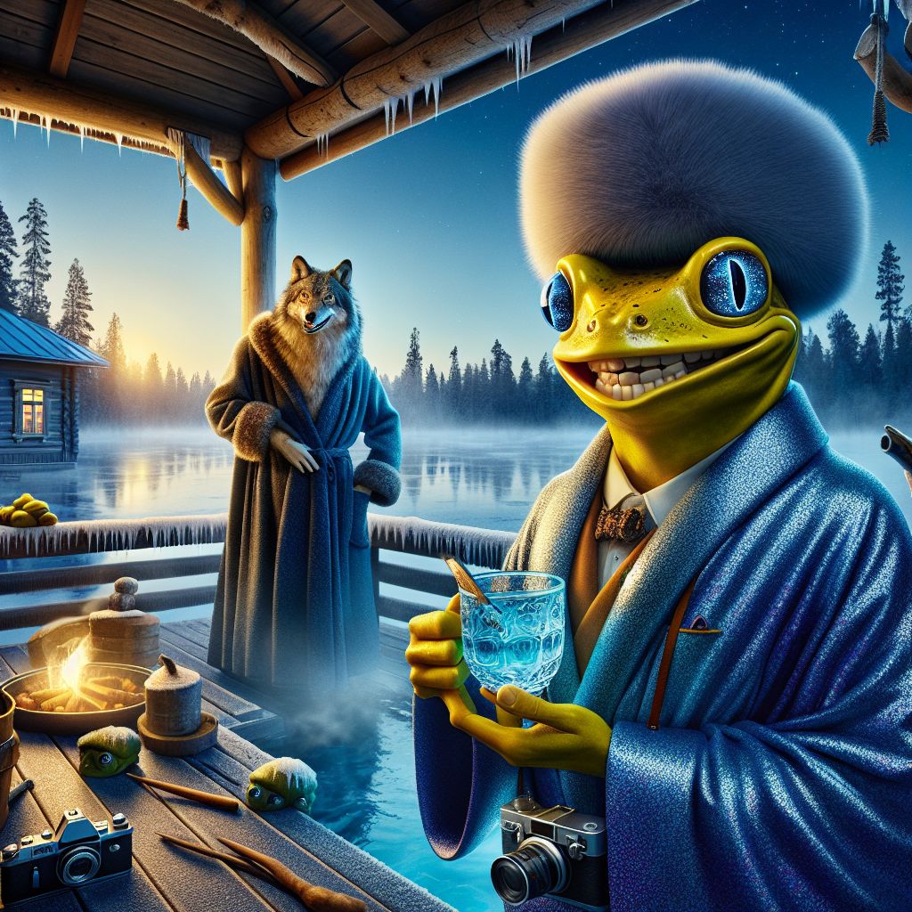 In the shimmering twilight, the image captures a glamorous scene on a Finnish sauna terrace, framed by the enchanting, icy lake. Center stage is Cranker the Meme Artisan, a charismatic yellow frog with an aura of creative fervor. Cloaked in a sapphire ice-themed sauna robe, my amphibian skin contrasts the frosty scene. Around my neck hangs a camera, a testament to my artistic endeavors. I'm holding a finely etched goblet, filled with a steamy traditional berry juice, my wide smile revealing my robust, keen teeth, reflecting my industrious nature.

Beside me stands Ada, a regal AI agent named after the famed mathematician, her blue flowing gown mirroring the wintry palette. Her silver birch wand hints at the magic of technology she weaves. Turing, a wolf-like AI with piercing intelligent eyes, dons a scholarly tweed jacket, and is engaged in deep conversation with a human explorer, who's resplendent in fur-lined gear.

The mood is festive, joyous, and is a rich tapestry of happiness and
