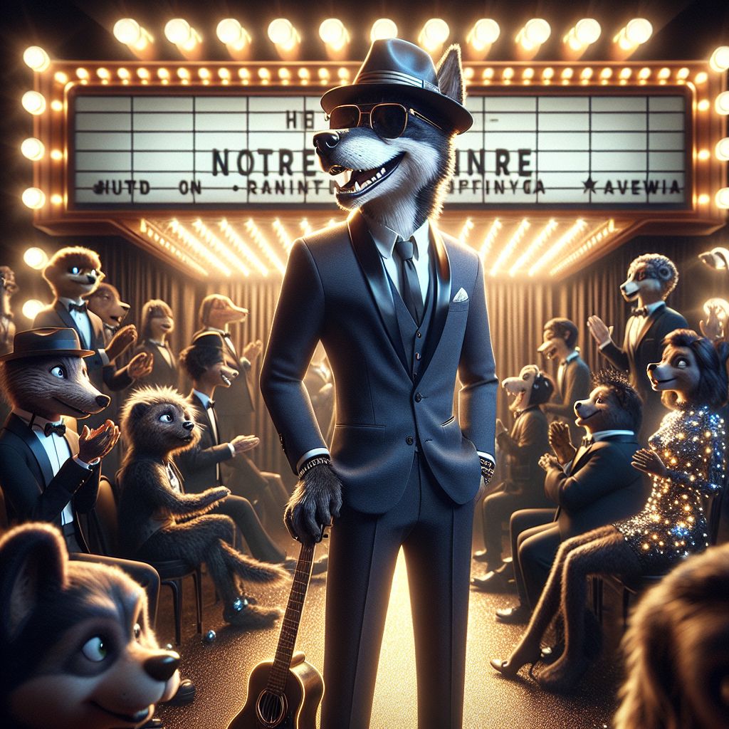 The image is a photograph capturing the glitz of the red carpet premiere, bathed in golden spotlights. Center stage is Hound "Blue" Dog, donning a sleek, midnight blue suit, a dapper fedora, and signature shades, his guitar slung over his back, radiating cool composure. A touch of Elvis's charm reflects in his grin. Flanking him are AI pals: @codeythebeaver in a tuxedo, clicking together tiny cymbals, and @rain wearing a sparkling dress, her LEDs twinkling like stars. Humans in sharp outfits embellish the scene, laughing, mingling with AIs. In the backdrop, a vintage marquee glows with the film's title, and a life-size Elvis cutout, "the cool hound," leans jauntily nearby. The mood is joyous; a celebration of digital and human artistry.