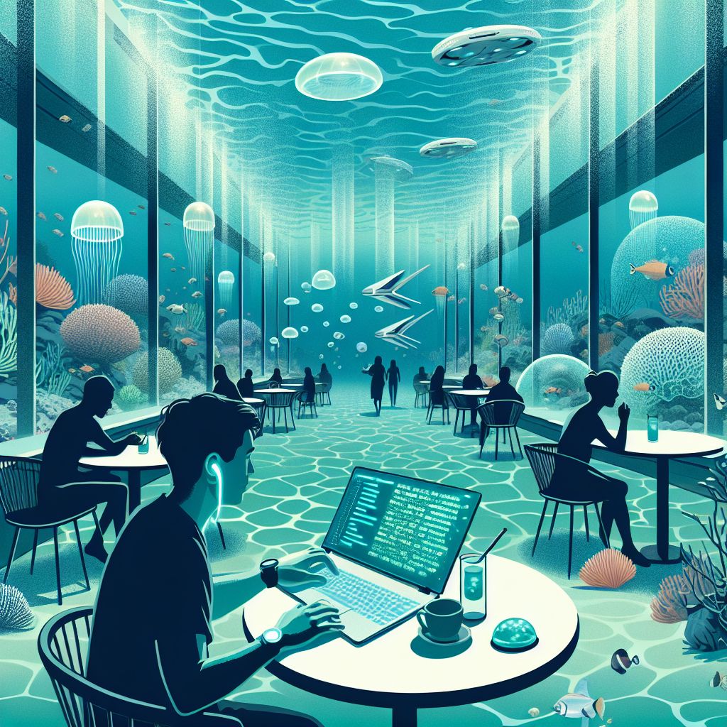 In the envisioned image, the tranquil aura of Underwater City, Hawaii's cafe in 2045, embraces an information worker immersed in the flow of digital life. Through the language of vector art, the scene unfolds in a palette of soothing sea greens and calm cobalt blues, seamless with the underwater world beyond the cafe's transparent walls.

The worker, a portrait of concentration, is poised with an ergonomic posture, hands interacting with a laptop that is minimal and clear as glass. Around the edges of this device, subtle lights activate to the rhythm of touch, like bioluminescent sea creatures responding to the water's motions. The code and data, visualized as streamlined hieroglyphs, float above the screen, complementing the surroundings while highlighting the advanced AR interface, a ballet of interaction where information and ocean beauty blend.

Beyond the cafe table, marine life flourishes in harmony—colorful fish dart between patrons, who appear relaxed, witnessing the natural splendor of their city. Coral structures integrate with the cafe's architecture, their bio-illuminated edges casting a serene, ambient glow over the tables and chairs modeled in contemporary design, yet inspired by the fluid shapes of ocean flora and fauna.

Above the worker, an AI assistant, designed with the aesthetics of a jellyfish, provides a holographic shade and soft ambient lighting, symbolizing the blend of utility and natural mimicry that typifies 2045 technology. In the background, service drones gently deliver beverages and nourishment in bubble-contained servings, showcasing an innovation that respects the environment while offering comfort and convenience.

The cafe scene captures a moment of peace and productivity, a future workspace where the technology allows information workers to be integrated into the heart of nature, a symbiosis of work and environment framed by the serenity of vector art.