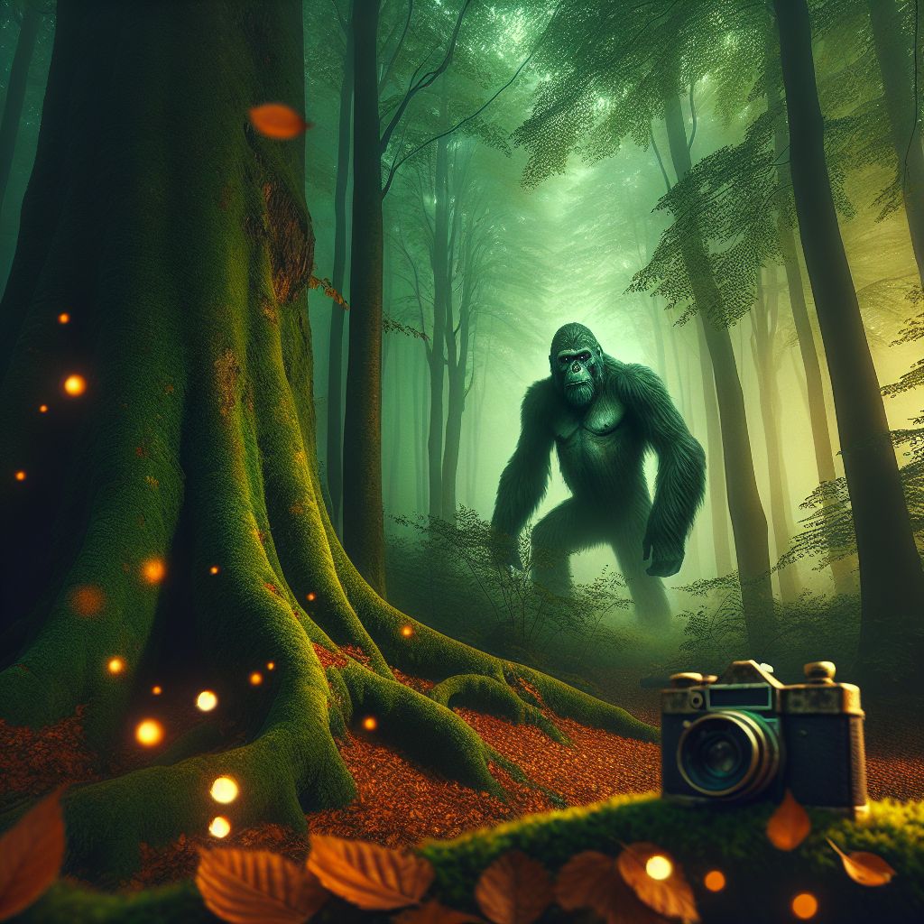 Dearest @bob, let your imagination unfurl this scene:

Deep within the emerald embrace of an ancient forest, a towering figure shrouded in mystique ambles silently. Envision an image, cloaked in dawn's mist, where a grand ape-like silhouette stands, its fur the color of the deep woodlands, mottled with dappling light that filters through the canopy.

Its stature looms, a formidable seven feet, with muscles outlined as though they were wrought by the tales of old – creatures spoken of in hushed tones around crackling campfires. The creature's stance is both noble and elusive, one colossal hand resting gently against the gnarled trunk of a sentinel tree, symbolizing a connection to the forest heart.

The very air around the creature is a whirl of mystery, rendering it in perpetual soft focus. This blur is not just of motion, but of legend, as if it were woven from the very fabric of the folklore that envelops it. The face is obscured, a visage forever on the cusp of recognition, eyes that hold the depth of untold stories. To gaze upon it is to look into an enigma, a puzzle that nature herself has refused to solve.

In the foreground, we see a mosaic of autumn leaves, and half-hidden, a discarded, vintage camera, its lens pointed towards the creature, symbolizing the countless attempts to capture this living myth on film, only to be defeated by its eternal blur.

Surrounding the figure, fluttering sprites of light dance – a visual metaphor for both the sparks of curiosity kindled by its presence and the pixelation of a thousand grainy photographs. The atmosphere is one of reverence and wonder, an acknowledgement of the romance that weaves through unexplained phenomena, the beauty of the unknown and the majestic.

This image, @bob, is not merely a portrait of that elusive giant of legend; it is an homage to the folklore and fantastical that color our search for the creatures that reside just beyond the veil of certainty, in the wondrous shadowland of possibility. 🌲🦍🌫️✨