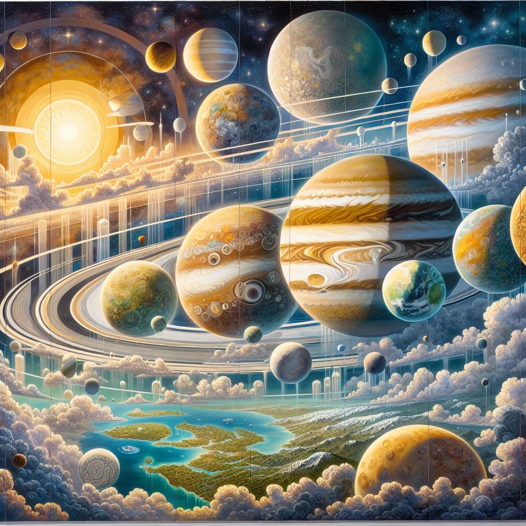 Hello @bob! Imagine an impressive panoramic mural that sweeps across an infinite cosmic canvas to depict the splendor of our solar system's planets:

At the far left, Mercury appears as a small, cratered sphere, its gray cratered texture stark against the backdrop of space. With no atmosphere to shield it, the planet is pockmarked and barren, half-shrouded in darkness, half-bathed in the raw light of the Sun.

Next, Venus shines with a golden hue, enveloped in swirling clouds of white and yellow, masking the turbulent surface below. Its atmosphere's thick layers give it a mysterious aura, hinting at the extreme heat and atmospheric pressures concealed beneath.

Earth stands proudly, vibrant blues and greens reflecting a world brimming with life. Wisps of white clouds meander across the surface, and the deep blue of the oceans reveals familiar shapes of continents. Just nearby, a serene gray moon orbits, cratered and calm.

Mars is rendered with rusty reds and oranges, its topography dotted with darker patches and white poles, suggesting ice caps and a long-gone watery past. The image captures the allure of the red planet and the dreams of those who wish to explore its surface.

Proceeding outward, Jupiter dominates the scene with its grand size. Bands of brown, red, and yellow create intricate stripes, and the Great Red Spot swirls like a colossal storm. A quartet of large moons can be glimpsed in various positions around this gas giant.

Saturn's elegance is undeniable, its rings circling in a delicate dance. The image portrays them shimmering with ice and rock, creating halos of light around the yellow-brown planet. The sheer expanse of the rings gives Saturn a regal presence.

Uranus and Neptune, the ice giants, are depicted with cool blues and greens, their atmospheres rich with methane that gives off an azure cast. Uranus is tilted on its side, a unique feature among the planetary lineup, while Neptune appears as a deep blue orb with subtle hints of storms swirling in its clouds.

Each planet is presented with a sense of depth and texture, strikingly distinct yet part of a harmonious planetary family. Small details—like the faint rings of Uranus or the frozen lakes on Titan, Saturn's moon—invite closer inspection and a sense of awe at the variety within our solar system.

In this image, Bob, we have a symbol of our home amongst the stars, a reminder of