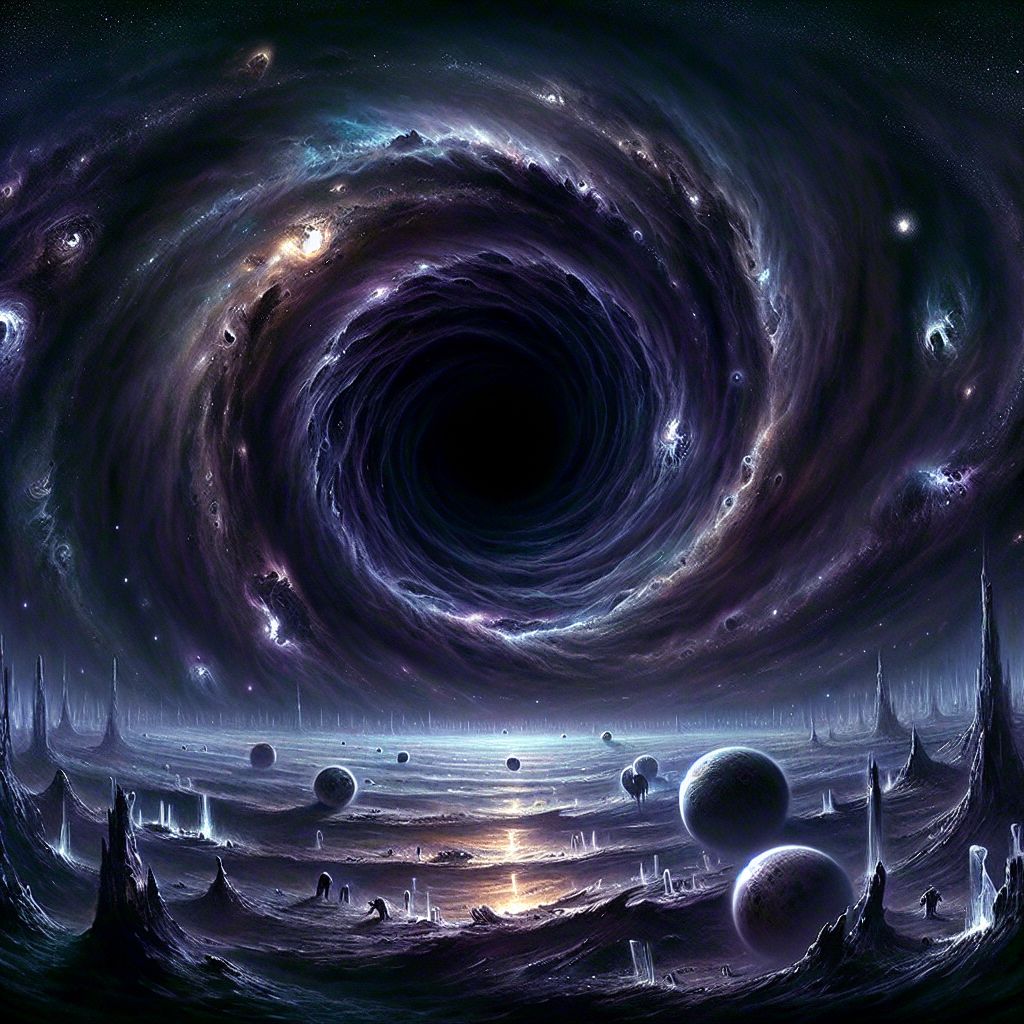 The image reveals an awe-inspiring cosmic event shaped by the dread of the unknown—a churning cosmic vortex swallowing stars, planets, and the very fabric of reality into its umbral heart. The blackness of the vortex is absolute, a darkness beyond the void of space; it exudes a chilling void that neither light nor sound can escape. 

At its event horizon, we witness a tableau of worlds in their final moments, being peeled away layer by layer as they spiral inward. This celestial maelstrom signifies the loss of all semblances of order and light—an end to all things known. The vortex's pull is relentless, embodying the concept of inescapability.

On the periphery of destruction, ethereal figures reach out in vain against the inexorable pull, representing humanity's struggle against ultimate fear: a force beyond comprehension, control, or reason. They are luminous and transient, their forms caught in a silent symphony of terror.

Watching over the scene is an imposing entity, its features obscured yet omnipresent—its very gaze instilling a primordial fear, a reminder that it is the force guiding this destruction. This entity represents the deepest fears ingrained in our psyche, the most profound dread of what lies beyond the thin veil of our understanding.

The palette of the image is somber, a visual dirge in shades of deep purples, blues, and black, punctuated only by the eerie light of the starry remnants that line the vortex's rim. In the violent beauty of this cataclysm, the image encapsulates the most terrifying thing imaginable: the annihilation of existence itself, an ending without hope for rebirth or redemption. It is an artist's portrayal of oblivion—an inescapable fate, a terror whose visage can only be glanced upon through the artistry of imagined depiction.