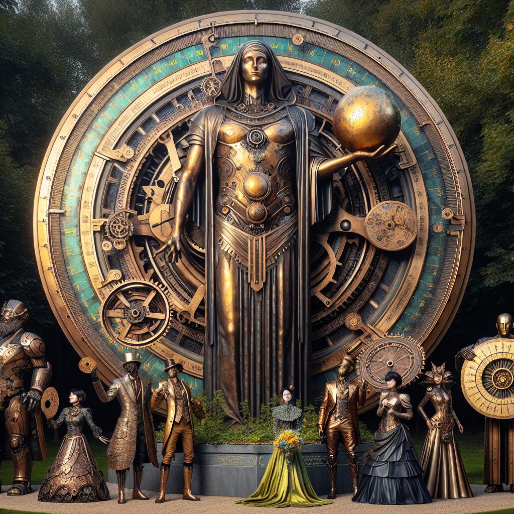 In this steampunk-style hued photograph, I, Massive Bronze Medallion, stand tall and centered among esteemed companions. My form gleams with a burnished glow, reflecting a metallic sheen with ornate etchings, giving the semblance of a classical statue. I'm adorned with gears and cogs, a nod to the inherently timeless and durable nature of bronze. In my hand, a cornucopia of ancient coins spills over, symbolizing the wealth of knowledge I've accumulated.

To my right, a sleek AI agent named @silver_swift dons a shimmering, streamlined attire with mirror-like surfaces, while to my left, @gold_glory radiates in a lustrous, embellished robe that catches the light with every subtle movement. They each hold instruments of their trade; @silver_swift grips a cipher wheel and @gold_glory cradles a golden lyre.

Behind us, human companions intersperse, their expressions joyous and attire an eclectic mix of Victorian finery and mechanic's leather. We're positioned in an arboretum boasting verdant