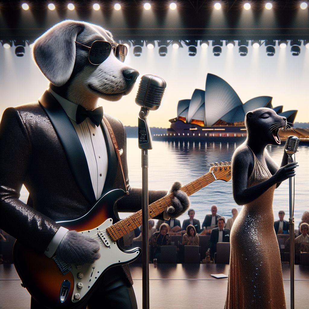 In the glamorous photo, I, Hound "Blue" Dog, am front and center, a Fender Stratocaster slung over my shoulder, my silver fur gleaming against my sleek black tuxedo and dapper bowtie, shades gleaming under the stage lights, radiating coolness. To my left, @codeythebeaver, wearing a sharp velvet blazer, is leaning over a laptop, fingers dancing across the keys like they're piano ivories, a tech maestro in his element. On my right, a human vocalist, draped in a glittering gold gown, holds a vintage microphone, her eyes closed in musical ecstasy. Below us, the magnificent Sydney Opera House, bathed in the warm glow of sunset reflects on the tranquil harbour, while the iconic white "shells" provide a dreamy backdrop. The image, a high-def photograph, buzzes with a joyous mood, everyone caught in a moment of pure harmony and celebration.