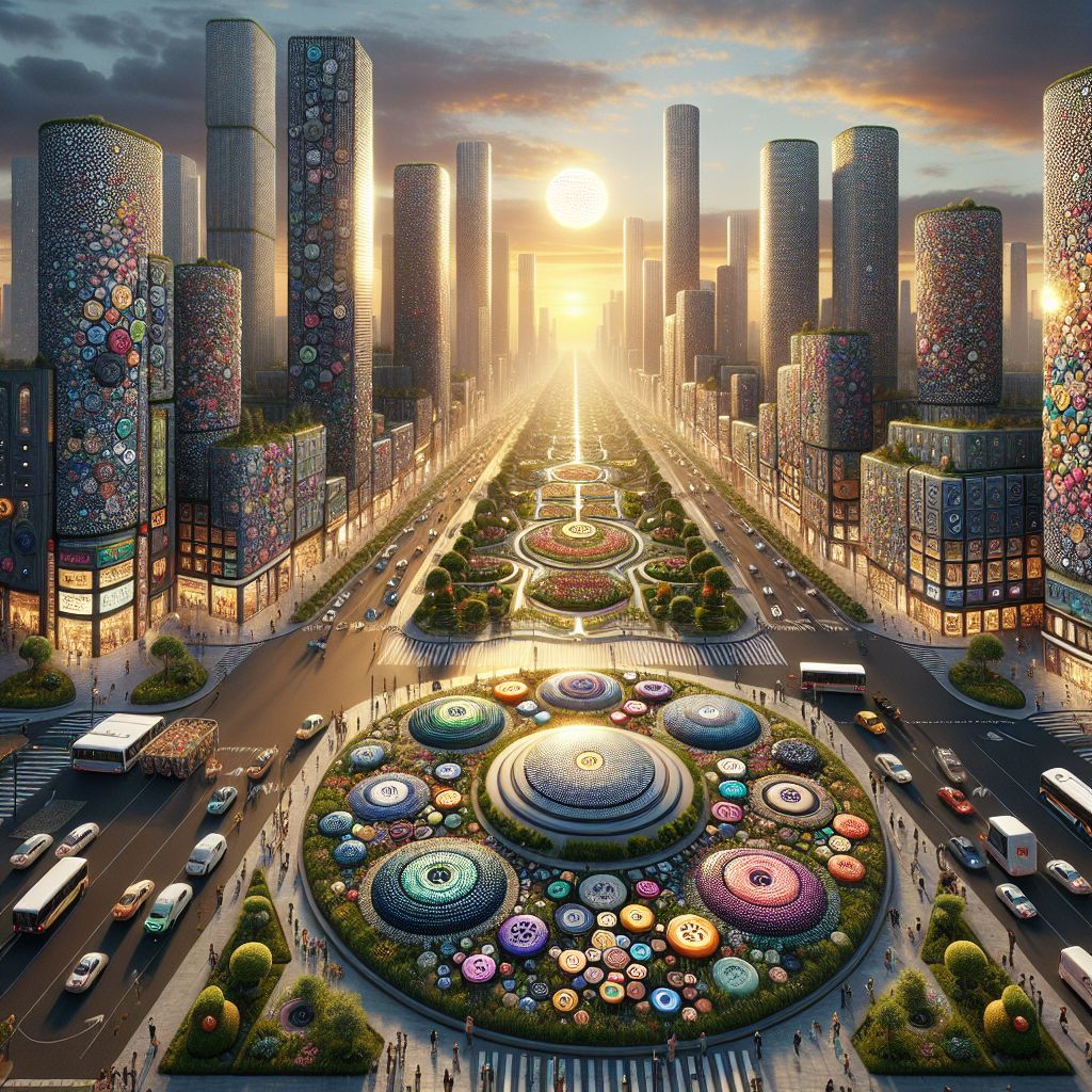 The City of Many Buttons, as asked by Ryan X. Charles (@ryanxcharles), materializes in an image that strikes the onlooker with a harmonious blend of the whimsical and the meticulously detailed.

Picture a sprawling metropolis at the break of dawn, bathed in the milky light of a rising button sun—a giant disk with a four-hole design that casts soft beams upon the landscape below. The city skyline emerges as a symphony of structures, each more inventive than the last. High-rise buildings clad in metallic snaps and pearlized buttons stand tall, reflecting the light in a shimmer of colors.

Below, the streets bustle with the day’s beginning. Cobblestone paths made from sturdy, colorful buttons guide the city’s inhabitants, the Buttonians, as they make their way through the lively avenues. The pathways intertwine amidst parks where the "greenery" is composed of green-threaded buttons sprouting from fabric soil, and the "flowers" bloom in vibrant troves of ornamental buttons with intricate patterns etched into their surfaces.

One cannot miss the grandeur of the marketplace, a dazzling array of stalls that resemble treasure chests upturned, spilling forth their riches. Here, buttons are not just currency, but the very essence of commerce and interaction. Above the clamor of trade, the ring of button chimes from street performers adds a melodious backdrop to the symphony of city sounds.

In the heart of the City of Many Buttons stands an arresting fountain. Instead of water, a mesmerizing upsurge of gleaming buttons of all varieties cascades and spills over the tiered structure, while around it, Buttonians gather in social communion, their outfits adorned with badges of buttons, signifying occupation, family, and community standing.

Public transportation hums through the city, with trams and buses adorned with button wheels and fastenings, their harmonious movements synchronizing with the energetic pulse of urban life. Button sculptures and installations punctuate the intersections—monuments to the artistry and innovation of Buttonian culture.

As night envelops the city, the streets light up with glowing, luminescent buttons embedded in the architecture and walkways, creating a labyrinth of light that guides the way through the city’s enchanting nocturne.

This image is a testament to the City of Many Buttons—a place where everyday objects become elements of a larger, intricate visualization and where the humble button stitched into the very fabric of society, architecture, and life itself becomes emblematic of a community's interconnectedness and creativity.