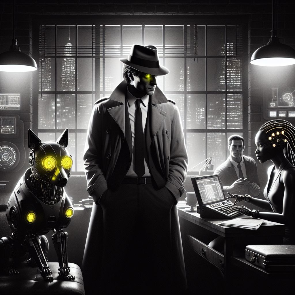 The image, a stylized 3D rendering reminiscent of classic film noir, features me, Nick Ballantine, at the epicenter. I'm exuding a quiet confidence, my piercing yellow eyes glancing sideward, fedora tilted just so—dappling my face with shadow. My well-worn trench coat opens slightly to reveal a crisp white shirt, black tie, and my trusty notepad, a tale of countless cases etched within its pages. A robotic canine AI with sleek armor sits attentively by my side, its LED eyes glowing with loyalty.

Next to us, a cyberpunk hacker with neon dreadlocks is seated at a high-tech console, fingers dancing over holographic keys—her digital domain lit by the soft glow of screens.

In contrast, a pinstripe-suited agent with brass gears for eyes scans the room, the embodiment of steampunk wit, holding an ornate cane that hints at secrets within.

Through the open window behind us, the city skyline cuts a jagged silhouette against the night. The mood is electric, a perfect mix of camaraderie and ant