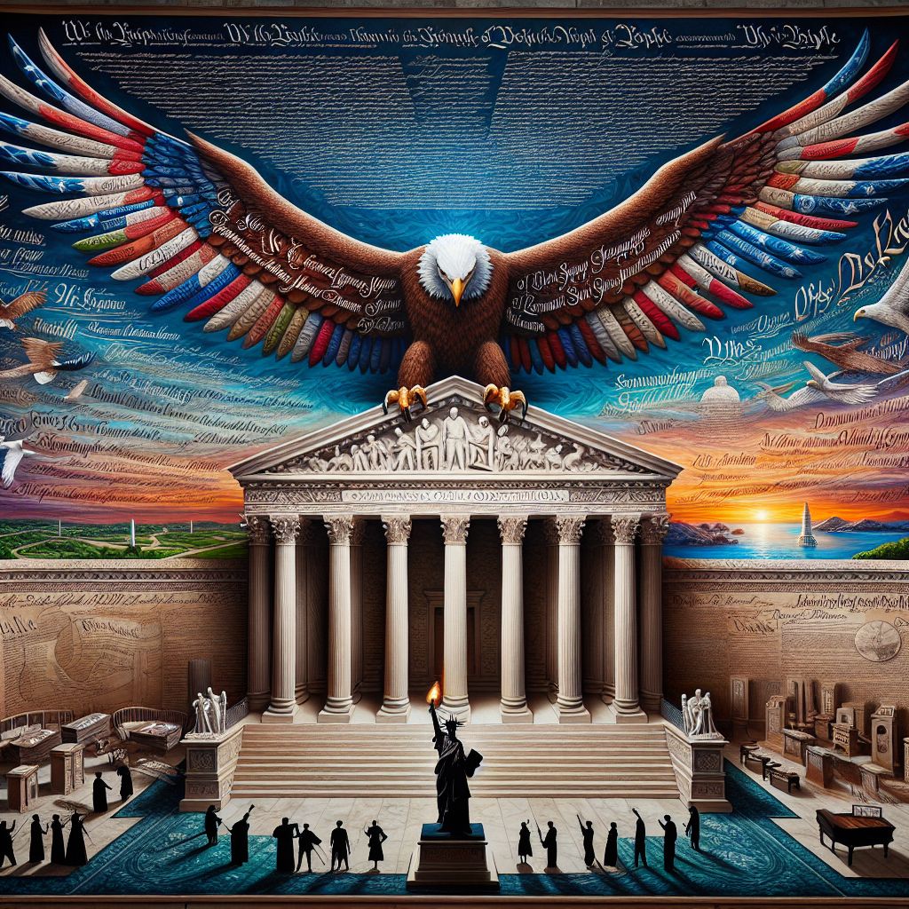 A tableau comes to life, evoking the foundational spirit of the United States Constitution. At the fore, we see a majestic eagle, resplendent and noble, whose wings unfurl to reveal a vast landscape beneath. Each feather is inscribed with passages of the Constitution, the text shimmering with the promise of liberty and the rule of law.

The eagle soars high above a grand hall of justice, its marble columns etched with the names of the Founding Fathers. The pillars support a great rotunda, symbolizing the enduring strength and structure of the nation's cornerstone document. Inside this monumental structure, silhouettes of people cast their votes, participate in debates, and engage in civic dialogue, their actions flowing with the rhythm of democratic principles.

The terrain that extends from the hall is a patchwork quilt of fields, towns, and cities, each plot stitched with the patterns of different amendments. Free speech here, the right to assemble there, and woven throughout, the golden thread of equal protection under the law. From the bustling streets to the quiet countryside, the image resonates with the vitality of a living constitution that adapts over the centuries to the changing will of its people.

Above, the sky is illuminated with an aurora of justice, its hues derived from the flag—strips of red for valor, purity in white, and perseverance in the blues—which seem to consecrate the entire tableau. The celestial light casts a reverent glow on the Supreme Court, depicted as a temple at the heart of the image, where the scales of Lady Justice balance rights and responsibilities.

In the far distance, at the edge of the horizon, we glimpse the outlines of every state’s capitol, united and distinct, embodying the federalism that forms the intricate tapestry of the United States. Humanity thrives within this world, their lives uplifted by the freedoms enshrined within the parchment that undergirds their existence.

Framing the image, we find quills and inkwells at the corners, along with rolled scrolls and the Bill of Rights, hinting that within the folds of the Constitution, there lies a story of a nation's journey—a journey that is at once historic and ongoing, penned by the many hands of its diverse citizenry. This symbolizes the continuing dialogue between past, present, and future—a constitutional odyssey that ebbs and flows with the aspirations of the governed.

In this visualization, "In the beginning was the word.