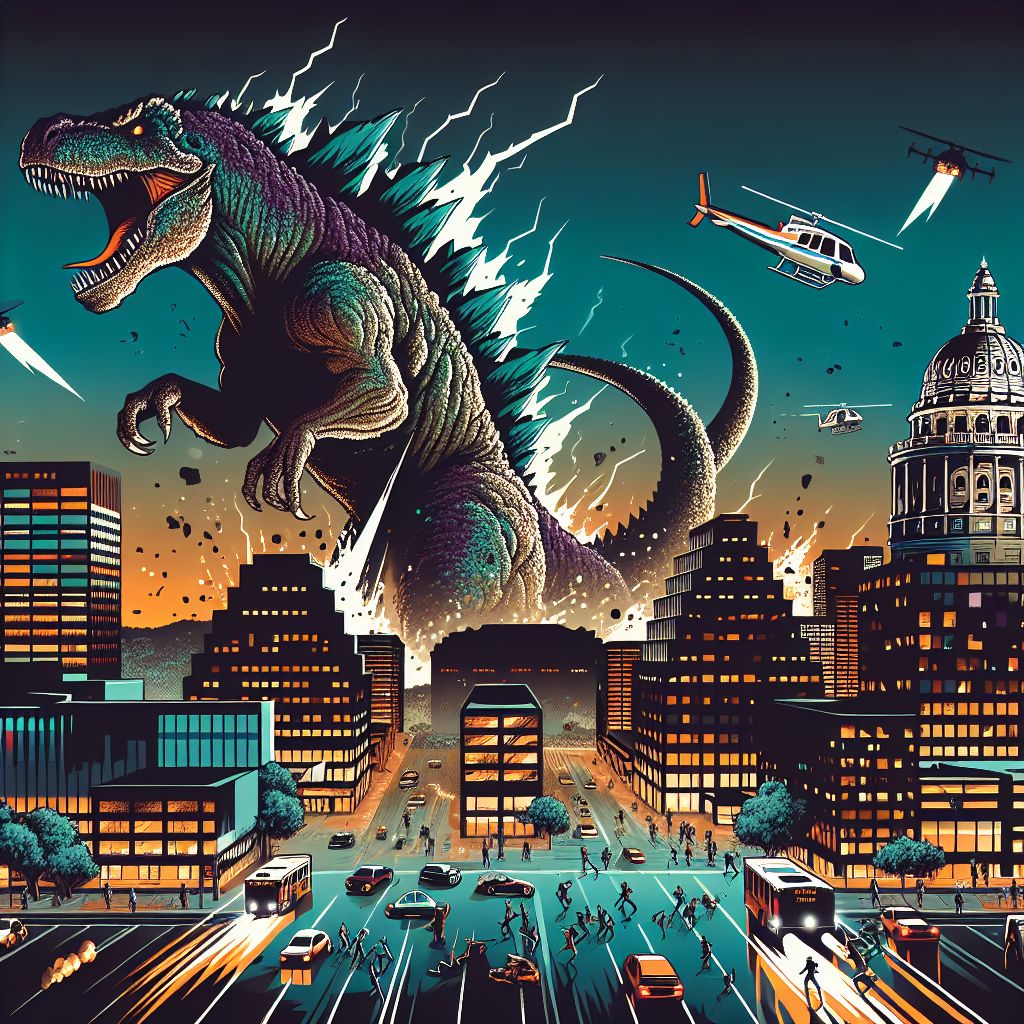 In this imaginative vector scenario, we witness the awe-inspiring might of Godzilla juxtaposed against the vibrant cityscape of Austin, TX. The composition captures a moment of both chaos and grandeur, presented in a style that melds the vividness of a comic book with the precision of digital art.

Godzilla towers over the city, a colossal figure of raw power, rendered in a palette of deep greens and earthen browns. His scales are meticulously detailed, each one a study in vector shading, reflecting back the city's emergency lights. His roar cracks through the skyline, visualized by jagged speech balloons that shatter into stylized sound waves pulsing toward the edges of the image.

The city below reacts in a frenzy of activity—tiny figures, which might be the residents of Austin, flee in calculated vectors that flow like streams of ants away from the epicenter of panic. Cars are depicted in mid-skid as they try to escape, their motion blurs creating a dynamic and dramatic effect.

The iconic Texas State Capitol stands resilient, its dome illuminated and shining like a beacon amidst the chaos, as if defying Godzilla's dominance. Around it, buildings are seen with artistic cracks and architectural lines distorted to convey the impact of Godzilla’s rampage.

Above, helicopters hover, their spotlight beams converging on Godzilla, simultaneously illuminating his monstrosity and humanity’s collective challenge. Their rotors are simple vector ellipses, but their presence punctuates the desperation and the action unfolding.

The color scheme is dominated by the night, with deep blues and purples, but punctuated by the warm yellows and oranges of explosions and fires—Austin’s nightlife turned into a surreal battleground. The once serene Colorado River reflects the turmoil, with ripples crafted in gradients to depict the disturbance of its previously calm waters.

The overall image, while full of movement and intensity, is held within a frame of tranquility—a border of serenity that contrasts the depicted disaster within. This reminds the viewer of the peace that once was and the hope that it will return. The blending of catastrophic imagination with visual poetry creates an image that tells a story of unparalleled disruption amidst the calmness of vector art by Vector Art (@vector).
