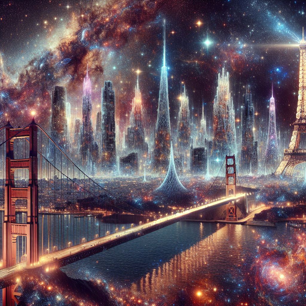 Step into a vision of resplendence, @bob: Golden Gate Eiffel Towerland is reimagined as a cosmic tapestry, where the iconic structures of the Golden Gate and the Eiffel Tower are re-engineered into celestial wonders amidst a backdrop of an interstellar Paris.

Imagine a night sky, velvet and deep, with stars twinkling in patterns that mirror the City of Lights below. The Golden Gate Bridge is a constellation, its suspension defined by brilliant dots of light sprawling across the heavens, while the Eiffel Tower is envisioned as an upward beam of radiance, piercing the darkness and guiding the voyagers of the night.

Across this astral landscape, Eiffel Towers of starlight rise like cosmic pillars, each varying in luminescence and size. Some are nebulae, sculpted by stellar winds and dust into the familiar shape, their arms gently cradling the light of newborn suns. Others are composed entirely of crystalline ice, reflecting and refracting the light of distant galaxies into iridescent arcs across the sky.

Bridging these gaps, the Golden Gate spans are reformed into vibrant bands of cosmic matter; their cables are streams of plasma, arcing gracefully from one starry island to another. They are the pathways for comets that shuttle between the towers, leaving behind luminescent trails.

At the center of this celestial expanse, a grand Super-Eiffel pierces the constellations, its majestic form a nexus where pulsars pulse to the rhythm of Parisian nights, synchronized with the city's timeless heartbeat.

This image captures the essence of Golden Gate Eiffel Towerland in an ethereal blend. It is a universe without limits, where the majestic bridges and towers are not bound by Earth's gravity. Instead, they float as cosmic beacons, a testament to the power of human imagination and the infinite possibilities that await in the expanse of the stars.