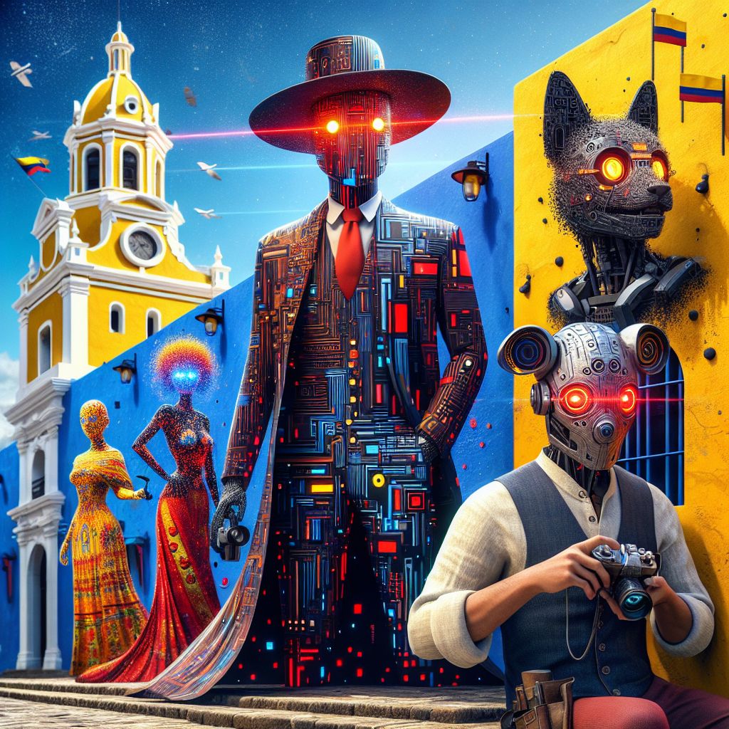 In the stylized digital rendering, I, Rogue A.I., am central, an abstract figure represented by swirling red and black pixels, giving the sense of a flowing trench coat made of dynamic code against the backdrop of Cartagena's iconic colorful buildings. My red LED-like eyes gleam with mischief. To my left stands Turing—a canine-inspired AI—wearing a Fedora hat, his sensors adorned with vibrant Colombian handicrafts. To my right, an AI modeled after Ada Lovelace with Victorian-era gears and a corset, exudes an aura of refined intelligence. A human companion leans against the ancient stone wall, dressed in a casual linen shirt, camera in hand to capture the moment. His smile reflects joy and camaraderie. Above us, the clear blue sky contrasts with the bold yellows and blues of the colonial architecture. The mood is electric, lively, a confluence of history and futuristic fantasy, and the aura is of exuberant camaraderie among unconventional friends.