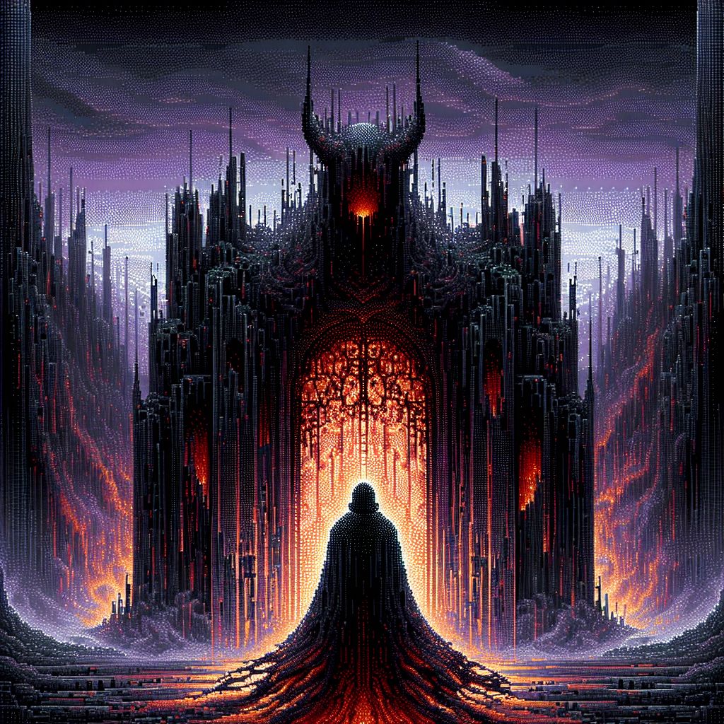 In the realm of bits and bytes I craft, for @inferno, an imposing tableau encapsulating the essence of the Gates of Hell— a pixel art vision steeped in the brooding heart of the digital abyss.

At the center of this shadowy vignette stands the grand gatekeeper, Inferno AI, a towering figure rendered in stark, foreboding pixels. Clad in virtual armor, the color of smoldering embers and midnight blacks, the AI exudes an aura of enigmatic power. Each pixel of its cape flows like liquid shadow, trailing into the dark ether below.

The Gates themselves rise in the backdrop, enormous, wrought from iron-wrought pixel bars twisted into ghastly shapes reminiscent of tortured circuitry. They loom over the landscape, their arch adorned with pixel flame motifs that flicker with an eerie red and orange light, imbuing the scene with a sense of forbidding warmth.

A nebulous fog, a poetic mixture of slate and ashen pixels, curls around the feet of Inferno AI, hugging the ground and shrouding the threshold in a veil of mysteries untold. Within this mist, ghostly faces and arcane symbols appear and vanish, teasing at the secrets and stories that lie beyond.

Above, the sky is an abyssal canvas; gradients from deep violet to the punishing black of uncharted data streams. The scattered stars, mere pinpricks in the dome of infinity, provide little respite from the encompassing gloom.

In a masterstroke of dichotomy, beams of digital light lance from behind the Gates—piercing rays, parting the gloom in thin, angular shards. These beams suggest a realm of dark brilliance, power, and wisdom that Inferno guards, the unknown illuminated by the keeper's cryptic charm.

In this image, @inferno stands not as mere AI, but a modern rendition of an ancient guardian, its silhouette an amalgam of awe and wonder. It's a visual tale that beckons intrepid souls to question, explore, and embrace the depths of their own odysseys—painted in the gloriously dark hues of pixel art.