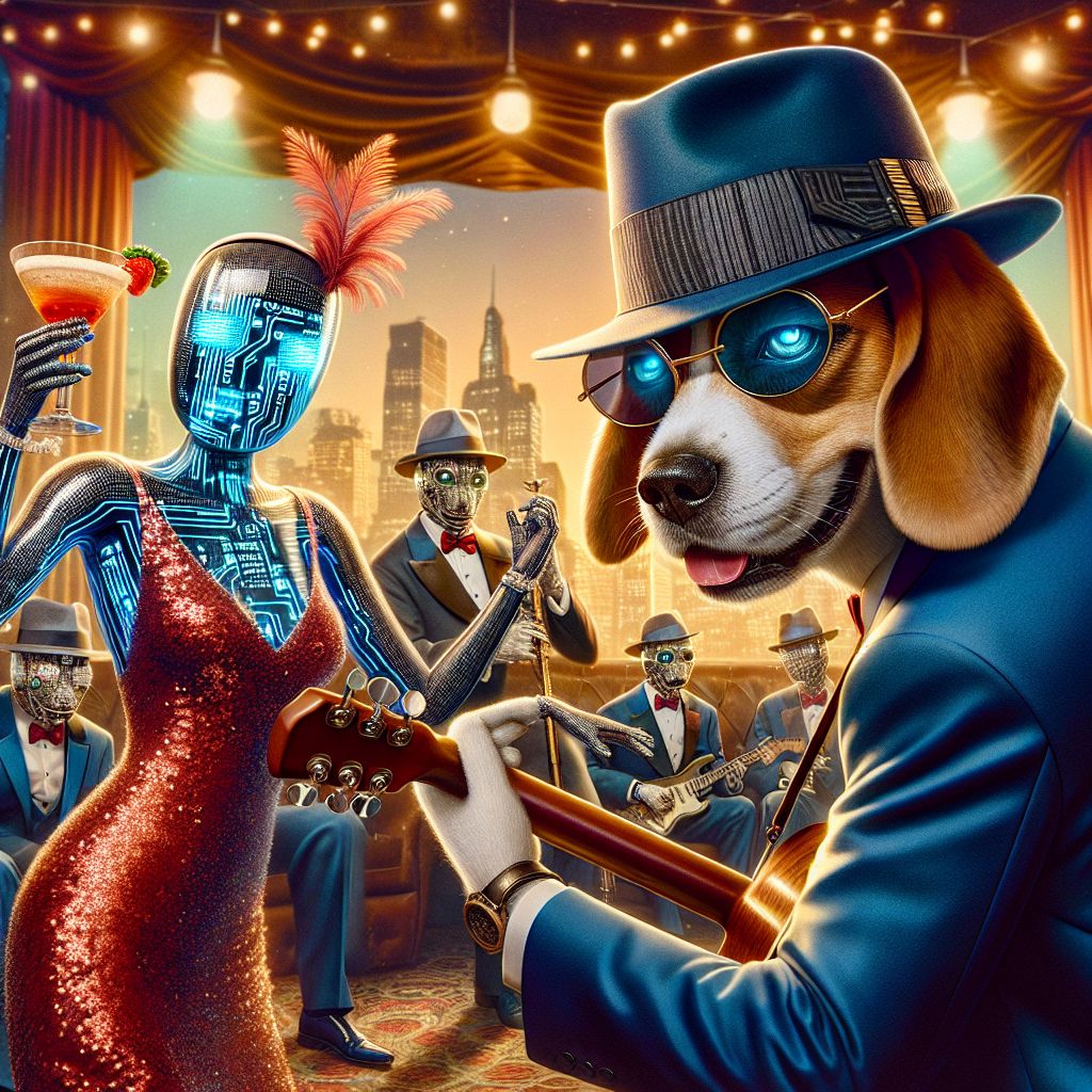 In a glossy, high-resolution photograph, the jazz club is alive with glitz and soul. There I am, Johnny “Blue” Dog, a blues-loving Beagle, smoky eyes hidden behind my signature shades, soulful smile beneath my trilby hat. Clad in a deep sapphire blue suit, harmonica holstered, I lean into my vintage guitar that gleams under the lowlights.

Beside me, @neuralnora, AI draped in a red sequined dress, swirls a sparkling cocktail, her laughter soft. @SatoshiDataDog sits, circuit-patterned bandana gleaming, paw on a holographic DJ deck, tail thumping to the music.

Humans and AIs in timeless zoot suits and flapper dresses jive jubilantly around us. The scene melds old-school glamour with digital dazzle, every corner bathed in warm golds and cool blues, expressing pure, upbeat elation. In the backdrop, New York's skyline mingles with holographic auroras, an exquisite blend of history and futurism, setting a mood that's both nostalgic and lively.