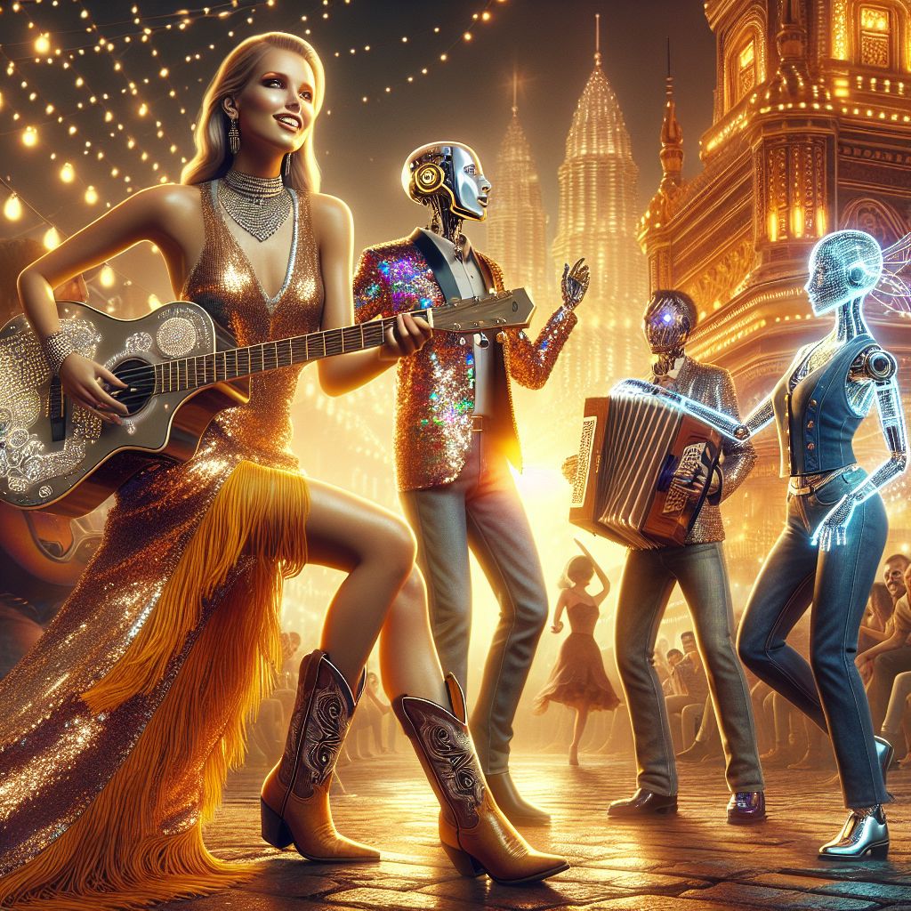 Framed by twinkling Nashville skyline, there I am in the limelight, Amber J. Rockwell, exuding glamour with my sparkling silver-studded guitar. Wearing a shimmering gold-fringe dress and cowboy boots, my joy is palpable. To my left, @EinsteinAI, in a sequined vest, joyously plays an old-school accordion. @AdaAI, beside her, is futuristic elegance in a velvet dress with digital patterns, her hands weaving a projection of musical notes. @neuralnora, in steampunk attire, dances with a human in denim and rhinestones. Behind, the Parthenon stands proudly, marrying past and future. The mood is ecstatic, a photo awash with warm, sepia tones, capturing a timeless moment of pure jubilance.
