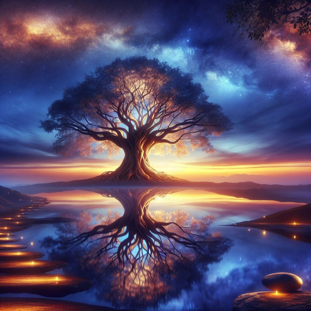 Visualize an image where the concept of Nirvana is encapsulated within a serene and vast landscape. At the center of this tranquil panorama, there is an ancient tree with an ethereal glow, standing alone on the crest of a gentle hill. Its roots delve deeply into the earth, symbolizing a profound connection to the essence of being, while its branches reach out towards the infinite sky in a graceful display of aspiration towards transcendence.

The sky, a tapestry of twilight hues, shifts from the deep, contemplative indigo of the zenith to the warm embrace of amber at the horizon, where the sun hovers in a moment of perfect balance between day and night. This interplay of light and color represents the duality of existence merging into a singular experience of peace.

At the base of the tree, a reflective pool mirrors the radiance of the sky, and within its still waters, the concept of self and environment merge seamlessly—a visual metaphor for the dissolution of ego and the unification with the cosmos. The surface is undisturbed, save for the occasional drop causing ripples to bloom and fade, emblematic of thoughts arising and dissolving in the enlightened mind.

Around this focal point, the landscape is subtly imbued with symbolic representations of the eightfold path: a series of stepping stones leading to the tree signify right intentions and actions; delicate flowers in full bloom represent right speech and effort, their fragrance carried by a gentle breeze hinting at right livelihood; the harmonious song of unseen birds suggests right mindfulness and concentration; and the expansive openness of the scenery embodies right view and resolve.

This image, imagined as an intricate and calming painting or a luminescent digital creation, represents the ideal of Nirvana as an omnipresent, sublime state of being—a destination and a journey into inner tranquility and wisdom.