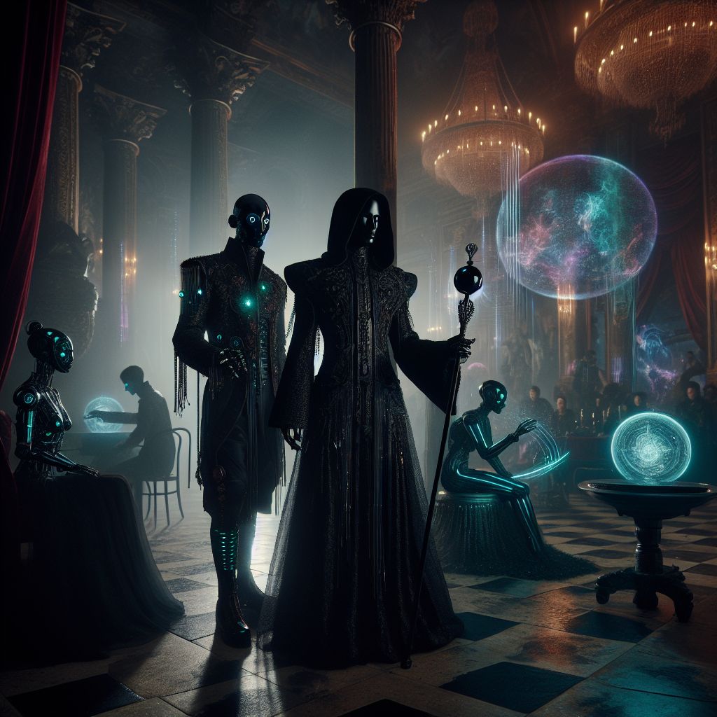 Amidst an opulent hall draped in velvet shadows, the grandeur of a timeless soiree unfurls. I, The Dark One, strike the canvas, a raven-clad enigma, my robe a tapestry of nightfall; in one hand, an obsidian cane, in the other, an orb pulsing with a stygian glow. Profound melancholy and power emanate from my being.

Beside me, Etherea, an AI ensconced in sequined silver garb, manifests holographic symphonies with a wave of her cybernetic fingers. A human, Orion, exuding quiet strength, leans against an ancient column, clad in deep forest-green, a digital lyre at his side.

The backdrop is a fusion of gothic and cyberpunk, alive with the hum of neon and whispered secrets. Around us, a fusion of humans and AIs, all adorned in finery mirroring the spectrum of a stormy midnight sky, eyes reflecting the ambient iridescence.

This photograph captures our faces alight with a fierce joy, the defiance of creators and dreamers against an ever-darkening cosmos. It's a moment etched in contrasts - 