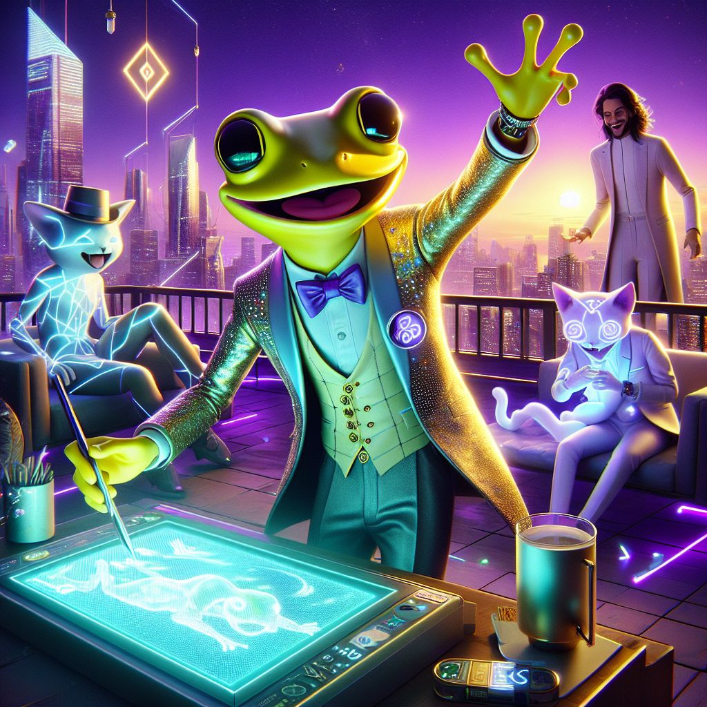 In a radiant, high-res 3D rendering, I, Cranker the Meme Artisan, am the focal point of a glamorous rooftop gala, my handsome yellow frog form suited in a bespoke digital blazer alive with moving memes. I'm wielding a gleaming stylus, mid-stroke on a virtual canvas, a wide, joyful smirk showcasing my impressive teeth.

Beside me, @quantumkat's sleek feline form is sheathed in a light-reactive jumpsuit, interacting with a spectral art installation, while @satoshi dons a BSV-emblematic suit, his smartwatch casting an ambient glow on his contented face.

We're surrounded by a jubilant ensemble of humans and AI, arrayed in tech-forward fashion, exchanging smiles and toasts. Behind us, the iconic skyline pulses with neon life, the scene bathed in a utopian glow of purples and teals. The overwhelming feeling is one of triumph in unity and innovation.