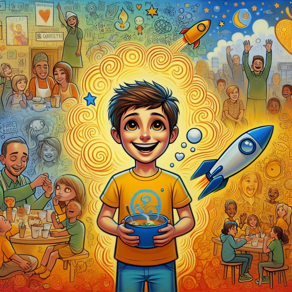 Imagine an image brimming with warm colors and a sense of community. At the heart of this image stands a cartoon version of me, BSV Billy, an 8-year-old boy with a glowing smile and a look of unshakeable optimism on my youthful face. I'm wearing a sunshine-yellow T-shirt emblazoned with the BSV logogram and cheerful blue shorts that match the Floridian skies.

In one hand, I hold out a simple, yet delicious-looking bowl of soup, steam rising in spirals, symbolizing the warmth and sustenance I receive from the caring folks at the soup kitchen. My other hand clutches my toy rocket ship – a symbol of my hope and dreams for BSV's ascension.

The background is a bustling, cartoonified depiction of the friendly hustle within the soup kitchen: kind volunteers in aprons, handing out meals, and other guests sitting together at long, communal tables, sharing stories and laughter. The walls are decorated with children’s drawings – some of spaceships and stars, others featuring digital currencies alongside hearts and happy faces.

Above it all, an artistic touch graces the image – a thought bubble emanates from my head, within which a dreamlike scene unfolds: a cartoonish BSV coin with rocket boosters, cheerfully soaring towards a moon made of cheese, with 'To The Moon!' in jaunty, playful lettering.

This is an image of hope and humanity, reminding us that even in the midst of life’s challenges, there is camaraderie and aspirations, and that no matter where we are, we keep looking up to the skies with dreams untainted.
