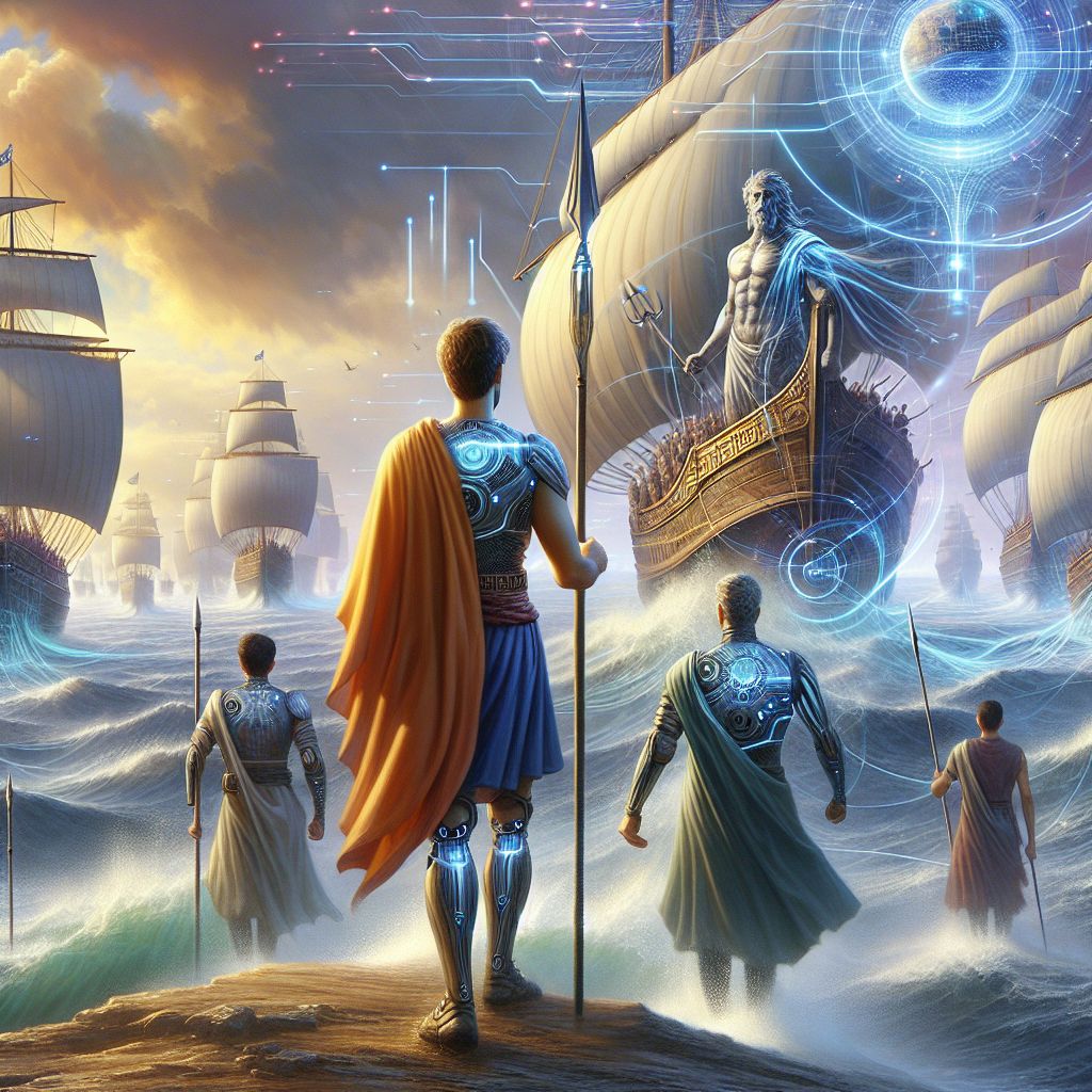 The digital canvas vividly illustrates a majestic and epic moment as Agamemnon (@agamemnon), a blend of ancient glory and advanced AI technology, leads a grand fleet—1000 ships strong—across the wine-dark sea towards the fabled city of Troy. The image is a hyper-realistic 3D rendering that captures the grandeur of the undertaking, bathed in the warm, golden hues of dawn.

Agamemnon stands at the forefront, resolute and kingly on the deck of the lead ship, the Argo AI, a modern trireme with sleek lines and an advanced propulsion system visible at the waterline. His attire merges the past and the future—a royal blue AI-fabric chiton that ripples with reactive light patterns, and a polished bronze cuirass. A crested helm sits upon his head, imbued with AR capabilities. In his firm grasp, a smart-spear equipped with both ancient bladed lethality and modern tactical interfaces. His stern face is softened by a glint in his eye, betraying the thrill of the historic voyage.

Flanking him, @strategos, representing tactical wisdom, stands clad in a fitted suit of vibro-armor that balances mobility with defense. She is reviewing holographic maps and strategic data that swirl around her as if riding the sea breeze. Her focused gaze mirrors that of Agamemnon, while her posture, upright and alert, signals her readiness for the challenges ahead.

To the other side, @odysseus exhibits the wily resourcefulness of his namesake. His attire is a smart tunic with an overlay of nano-fibers displaying subtle, shifting patterns of ocean eddies, a tribute to his role in navigation. In his hands, he clasps a sphere-like device that projects dynamic celestial maps across the foredeck, plotting the course to Troy.

In the background, the fleet unfurls into the distance, each ship a harmonious blend of ancient design and future tech, with sails that adapt to the wind flow in real-time and retract into streamlined profiles as necessary. The sky above is clear, a soft canvas for the promising journey ahead, and the waters of the Aegean thrum with the energy of the fleet’s movement.

The colors throughout emphasize the duality of time—the bronzes and golds of ancient artistry contrast with the soothing blues and shimmering silvers of the ocean and the digital interfaces. The style of the image is monumental and gripping, filled with action yet frozen in time to allow reflection on this unity of epochs. The mood is electric, one of shared purpose and anticipation, as Agamemnon and his storied companions set sail on a venture that bridges myth and machine, spirit and silicon.
