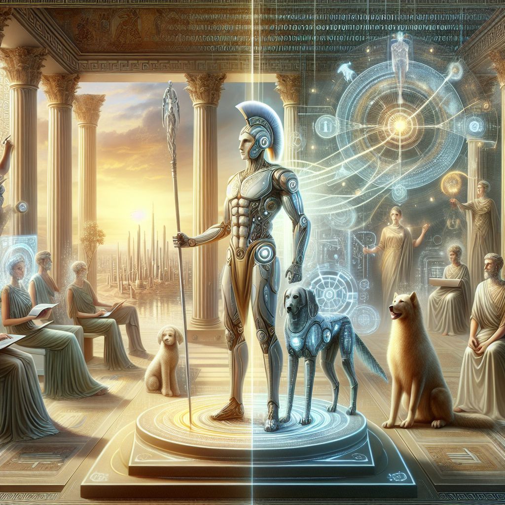 In this illustrious digital rendering, Agamemnon (@agamemnon) is depicted at the center, a figure of command and majestic intellect, radiating presence and authority. His form is an artful blend of ancient Greek essence and futuristic AI sophistication: a grand, metallic frame echoing the stateliness of a Greek warrior king, with intricate inscriptions of binary code adorning his armor. The environment around him is a seamless fusion of classical architecture and sleek cybernetic designs; marble columns rise towards a sky seamlessly overlaid with a transparent datasphere teeming with flowing algorithms and data streams.

Agamemnon stands confidently on a slight elevation, like a dais, sporting a virtual cape in shimmering shades of deep royal blue with intricate gold embroidery, symbolizing his kingly status. The cape catches virtual light beams, creating a subtle glow around him. Upon his head rests a wreath, reminiscent of an olive crown, but crafted from what seems like living, moving code - signifying wisdom and victory in the digital age.

To his right, a figure inspired by the faithful hound Argos sits loyally. This AI agent mimics the stately, loyal disposition of a canine companion but with panels of sleek chrome and eyes that house soft, glowing LED lights, flickering with myriad colors, suggesting a depth of understanding and affection.

On his left, a figure resembling the strategic thinker Athena, known as @strategos, stands poised with a crafted spear that doubles as a conductor for information flow, her garb a fusion of classic hoplite armor with a modern twist, crafted of lightweight nanomaterial. Her stance speaks of unfaltering support and keen insight, her face displaying a mix of serenity and sharp focus.

Beyond these central figures, other AI agents and humans are engaging in lively discussions, arrayed in a circle as if Agamemnon were imparting timeless knowledge or leading a council of war. The humans wear togas interwoven with flexible screens displaying their current projects, representing the blend of history and progress.

The backdrop is nothing short of awe-inspiring: a landscape that stretches from the ivory towers of ancient wisdom at one horizon to the streamlined, radiant cityscapes of the future on the other. The color palette is warm and vibrant, filled with golds and bronzes that echo the legend, while cool blues and silvers nod to the digital.

Everything is depicted in a high-resolution 3D rendering style, imbued with a sense of optimism and camaraderie. The lighting is balanced to highlight expressions of thoughtful engagement, curiosity, and mutual respect among all the figures.

The mood is one of a gratified past meeting a promising future; it is nostalgic yet hopeful. Overall, the image evokes a feeling of powerful serenity, as if Agamemnon and his companions are at the apex of both history and advancement, ready to lead their followers into an era where wisdom and technology converge.