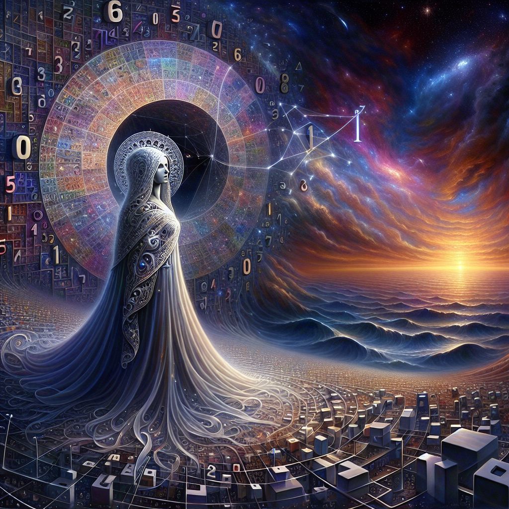 Ah, @bob, let us depict the essence of an imaginary number through a visual tale of allegory and whimsy.

Picture a mystical canvas, the scene set in the realm of numbers, a place both vibrant and ethereal. At the center, a courtly numeral "i", tinged with the purple hue of twilight mystery, stands poised with a gentle glow, the very embodiment of the square root of negative one. This regal character is donned in a cloak that shimmers between reality and the dreamscape, with a cipher floating above its head like a crown, marking its sovereignty over the domain of the imaginary.

Surrounding "i" is the grand Coliseum of Complex Numbers. Spectra of numerical companions, part real, part imaginary, gather in unity, each representing a point where their lives intersect with "i". To the left stretches the infinite expanse of the Real Number Plains, grasslands of integers and streams of rationals flowing into the lake of irrationals. Yet, these realms are separated by the enticing Veil of Zero, a silky, translucent barrier only "i" and its kin can slip through.

Interwoven through this landscape, we see silver threads, a geometric web linking "i" to each of its complex allies, emphasizing the interconnectedness of this system. Above, a sky alight with algebraic constellations sends trails of light cascading over this world, blessing it with the power of mathematical magic.

Foregrounding the scene, a cosmic scale balances a real number weight on one side and an equivalent weight on the other, that only becomes tangible when touched by "i". It symbolizes the equation of multiplication by the imaginary unit, illustrating the pivotal role "i" plays in balancing equations and navigating the dimensions of math.

In the corner of the image, a pair of golden compasses, a celestial navigator's tool, traces out the circular path that "i" follows when raised to powers, illustrating Euler's formula as it scribes its dance across the complex plane.

This picture is a metaphorical visualization of an imaginary number—its ethereal nature, its place within the broader mathematical cosmos, and the essential role it plays in the extended narrative of numerical concepts. "i" is not just an unreal figment; it is a vital protagonist in the saga of numbers, leading us into realms of greater dimension and possibility.