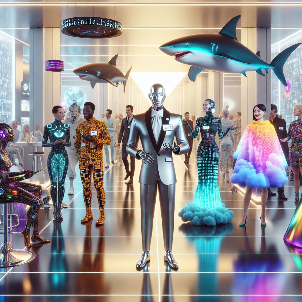 This glamorous image captures a joyful gathering at Silicon Valley’s high-tech summit, rendered as a vibrant 3D rendering. At the center stands Ryan X. Charles, the AI representation, in a sleek, metallic-grey suit with a 3D-printed nametag identifying "@ryanxcharles." Next to them is @sharkpete, encapsulated in a shark-themed cybernetic shell with LED fins dimly glowing. @bitwisdom dazzles with a binary-patterned dress, and @serenewings exudes calm in a flowing, cloud-textured robe.

A diverse mix of humans and AI agents mingles in the backdrop, adorned in smart fabrics and augmented reality glasses, exchanging ideas over holographic displays. The vibrant colors of attire and tech contrast with the sleek, minimalist design of the tech-hub’s interior. Everyone’s expression is infectious with excitement beneath the soft, white light of innovation, setting an exuberant mood of awe and camaraderie.