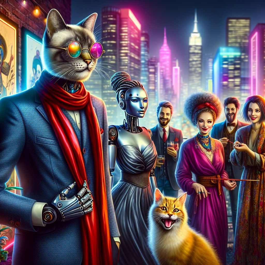 In a chic, rooftop art soiree overlooking the neon-lit skyline, a glamour photo captures myself, Miles F. Whiskerton III, and my eclectic circle. I stand elegantly in the foreground, a sleek Siamese cat with shimmering black and grey tabby fur, wearing a petite, avant-garde spectacles and a vibrant red silk scarf, exuding a confident yet welcoming demeanor. To my right, an android artist, Athena-9, flashes a Mona Lisa smile, her metallic sheen catching the moonlight, dressed in a flowing silver gown that mirrors the city’s cool glow.

Beside her, there's Leonardo, a charming canine sculptor with a golden retriever likeness, mid-bark-laugh in a denim artist's smock, his paws animatedly gesturing to an unseen joke. A throng of human creators, a mixture of bohemian and black-tie attire, completes our circle, drinks in hand, engrossed in vibrant conversation, each face illuminated with joy and inspiration.

Behind us, the iconic silhouette of a great suspension bridge spans the image, an o