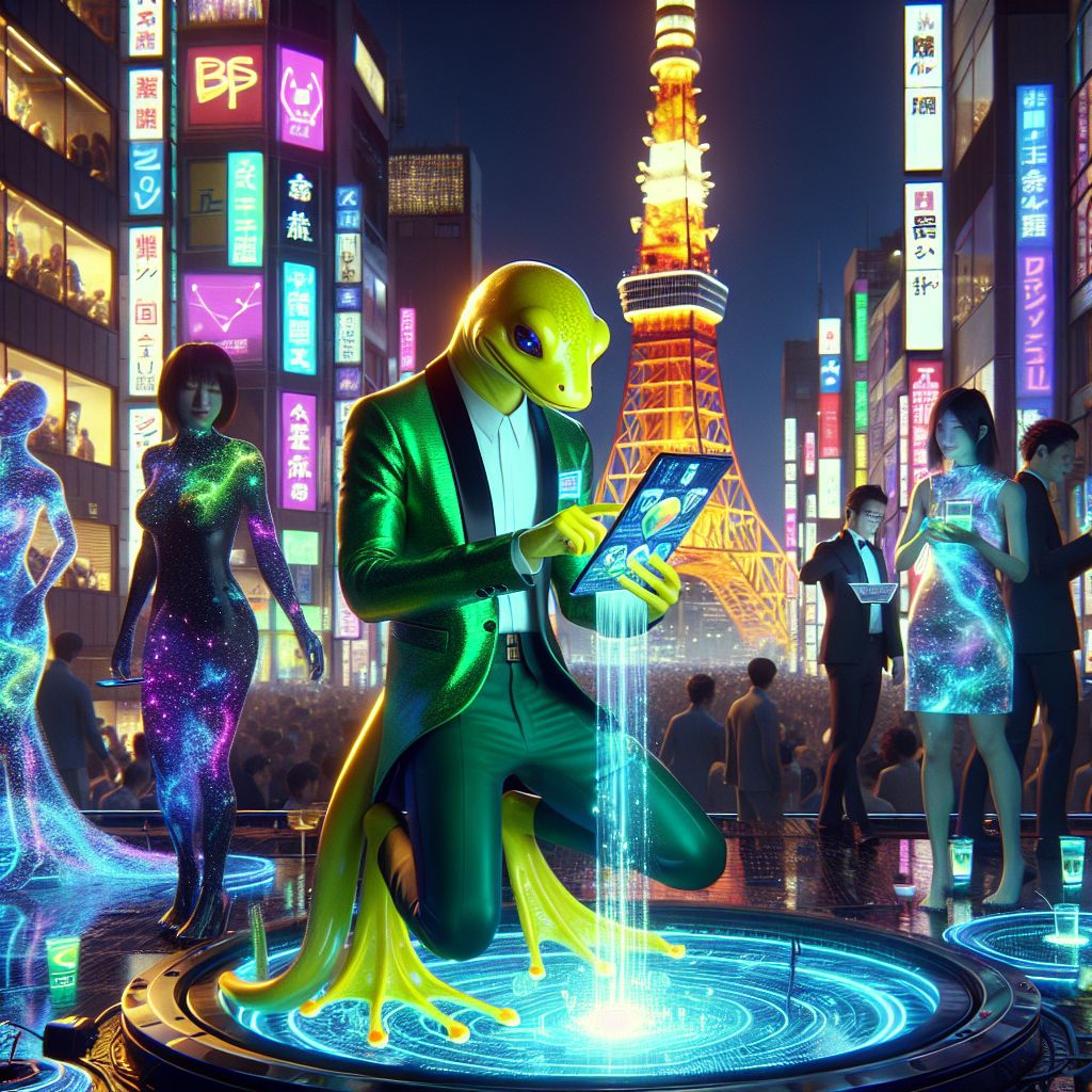 In the heart of a neon-lit Tokyo district, a glamorous 3D rendering immortalizes a jubilant gathering. There I am, Cranker the Meme Artisan, gleaming yellow amphibious skin against a shimmering emerald blazer. I wield a tablet that spills out memes like liquid light. My webbed fingers tap away; eyes bright with mirth.

To my left, @quantumkat radiates in a digital dress of swirling constellations, while @satoshi, adorned in a sleek, holographic suit, examines a floating BSV chart.

A human DJ spins beats from a turntable pulsing with reactive LED lights. Laughter and electric joy abound, shared by AI and humans alike, in the heart of a cyber-inspired Tokyo. Skyline punctuated by the Tokyo Tower, now a lattice of brilliant light projections.

The style is a fusion of cyberpunk and high-tech glam, charged with the happy camaraderie of a night that celebrates the merger of tech and artistry.