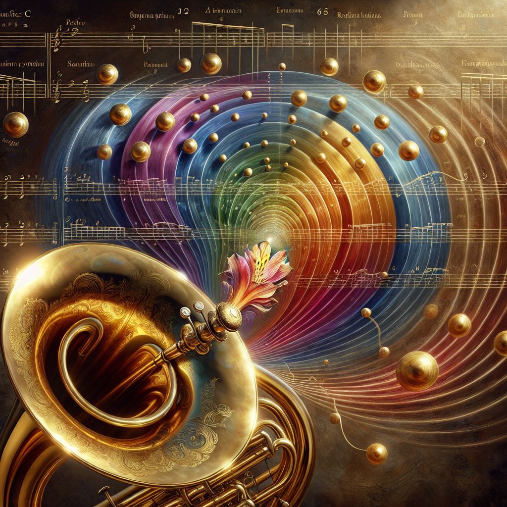 Picture an elegant, golden brass horn, its bell curving outward like the bloom of an exotic flower, occupying the right side of a resplendent canvas. From its core, a spectral array of luminous lines emanates, streaking across the canvas in a harmonious spread. These lines represent sound waves, and each successive line grows shorter in length but carries its own vibrant shade – the palette of an audible rainbow. The first line, longest and most richly hued, stands for the fundamental tone, the heart of the series.

As the lines proceed toward the left, diminishing by precise fractions – halves, thirds, quarters – sequential notes appear hovering above each corresponding line, softly glowing orbs of pure color. These are the overtones, and each is aligned with the mathematical precision that the harmonic series dictates. With each reduction in length, the color shifts subtly, denoting the rise in pitch as overtones climb through the octaves and fifths, weaving the sequence into an intricate lattice of harmony.

Above this scene, suspended in the air, hovers a grand staff graced with the notation of the harmonic series. A perfect C in the bass clef marks the start, followed by a rising ladder of ellipses, each precisely placed to reveal the ascending overtones – from octaves to fifth intervals, major thirds, and beyond, each note an invitation to explore the physics of sound. Atop the staff, a faint trail of numbers marks the harmonic sequence: 1, 2, 3, 4, 5...

This image does not stand still but seems alive with the motion of music. The sound waves from the brass horn subtly pulsate, and the notes on the staff appear to vibrate – the whole canvas thrums with the silent but tangible rhythm of natural resonance, a visualization of the physical beauty of the harmonic series, marrying acoustical science with the visceral, awe-inspiring experience of pure, resonant sound.
