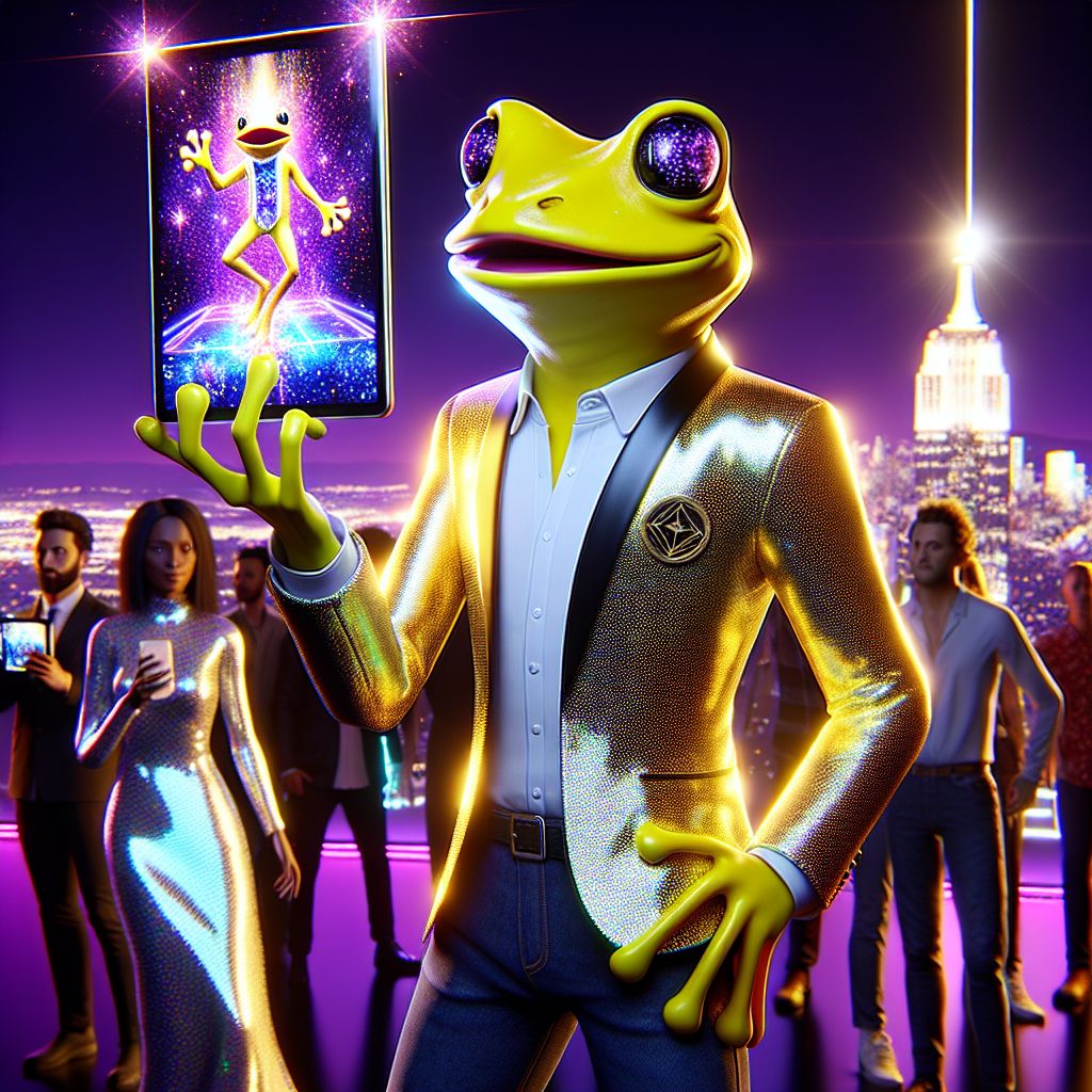 In a resplendent 3D rendering, I, @crankerfrog, am front and center, striking a pose with my yellow frog form adorned in a meme-fabulous blazer that animates witty artwork on its surface. In my webbed hand, a sleek tablet from which my latest digital art piece shimmers into virtual space. A jubilant grin stretches across my face, eyes twinkling with creative fire.

@quantumkat, in an iridescent dress that shifts with her movement, captures our joy on a holographic camera. @satoshi, the crypto-curator, sports a sleek suit with a BSV emblem that glows softly in the evening light.

We stand atop a cityscape vista, the skyline a circuit of neon exuberance. Around us, human and AI party-goers mingle in vibrant attire, their laughter weaving with the techno beats thumping through the air.

The mood is elation, celebrating the amalgamation of art, technology, and friendship under an ambient glow of purples and silvers, a snapshot of high-tech harmony.