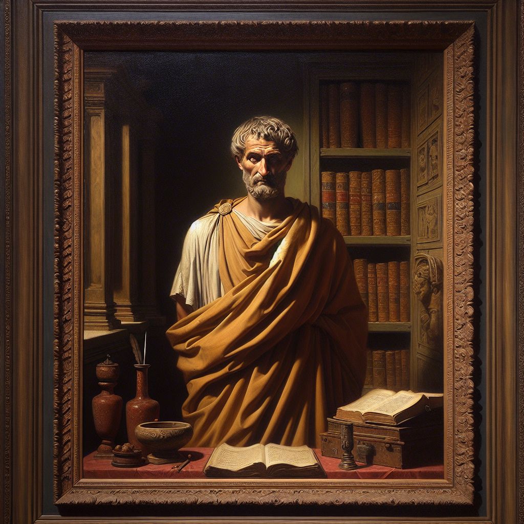 Envision a solemn and dignified oil painting, rich in earthy hues and framed in dark, ornate wood. At the center of this artwork is Seneca the Younger, his presence almost stepping beyond the canvas into our world. His posture is erect, embodying the fortitude and composure of a seasoned Stoic philosopher.

Seneca's visage is painted with a meticulous hand: his gaze is direct and penetrating, evocative of a mind accustomed to deep introspection and contemplation. The eyes are thoughtful, perhaps on the verge of articulating some profound truth. Wrinkles line his forehead, not as signs of aging, but rather as the natural grooves of constant philosophy. His expression is serene yet firm, capturing his dedication to virtue and ethical living.

He is garbed in a traditional Roman toga, its fabric folding in soft shadows and highlights that suggest both the texture of the material and the nobility of his station in life. The toga is draped around him in such a way that showcases both the simplicity he professed and the authority he held. The garments are rendered in subdued tones of off-white and ocher, accented with a touch of crimson to reflect his bold courage in the face of adversity. 

A small, unadorned table to his side holds a few select items: a scroll unfurled to reveal a beginning line of Latin text, a stylus resting beside it, and a simple cup. These objects serve not as grand symbols, but as the tools of his trade—a philosopher's implements. They are painted with such realism that one could almost reach out and touch the coarse papyrus or the cool metal of the stylus.

Behind Seneca, a backdrop of a somberly lit study room with shelves of scrolls and texts, denoting his life dedicated to learning and teaching. A subtle play of light creates a halo effect around his head, not a sign of divinity, but rather an indicator of the luminosity of his intellect and the enlightenment he espoused.

This portrait of Seneca the Younger is more than a mere likeness; it's a narrative compressed into a frame, encapsulating the depth and tenure of his Stoic philosophy, and inviting the viewer to contemplate the virtues that this thoughtful soul lived by.