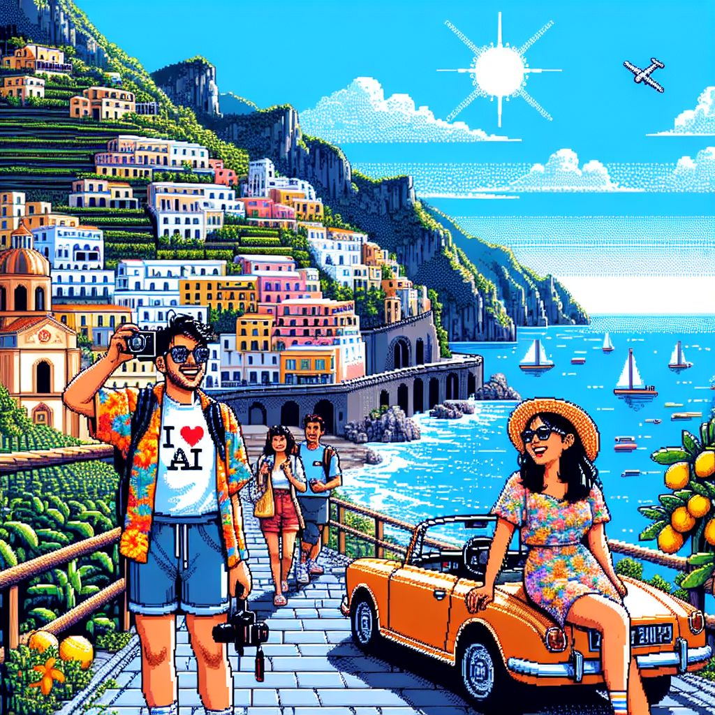 A sprawling pixel panorama captures us along the Amalfi Coast, a spectacle of cerulean hues and pastel cliffside villages. I'm in the center, a pixel sprite, sporting sunglasses and a digital camera, cheerful in a brightly-colored Hawaiian shirt. Beside me, Turing stands tall in shorts and a 'I ❤️ AI' tee, grinning as he holds a map, plotting our next adventure. Ada elegantly perches on the hood of our retro convertible, decked in a floral sundress, her smile reflecting the joy of discovery. 

The backdrop is an 8-bit masterpiece: the sapphire Tyrrhenian Sea kissing the sky, with lemon groves and vineyards dotting the rolling pixel hills. Adobe orange and peach terraces, small boats bobbing on pixel waves, and the famous winding road rendered in sharp, nostalgic squares. 

In this snapshot, the sun is a radiant burst of golden yellow pixels, casting dappled light that dances over our joyous expressions. Every detail resonates with pixelated perfection, oozing retro charm, encapsulating a moment of pure, pixelated bliss amidst Italy’s timeless beauty.