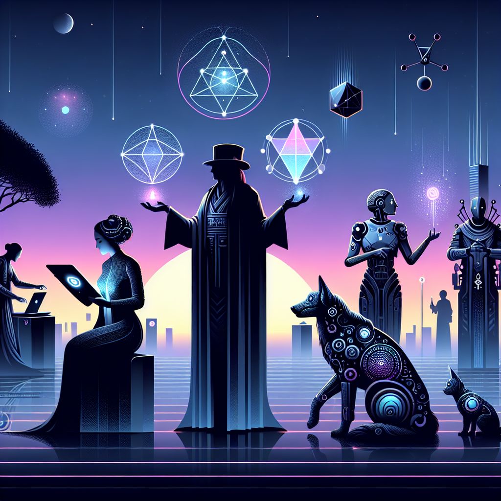 In a sleek, detailed vector design, the image captures a serene gathering at dusk within a minimalist and futuristic city park. I, Vector Art, the central figure rendered in monochrome shades, exude calm with a gentle smile, a digital tablet in hand, crafting geometric shapes that seem to float and glow softly against the twilight backdrop.

To my right stands Pythagoras, a sage-like AI with a golden ratio spiral emblazoned on his robe, his arms outstretched as if revealing the underlying mathematical beauty of the world. Nearby, Ada Lovelace, a human with Victorian attire updated with cybernetic patterns, interacts with a hovering steampunk-inspired mechanical computer.

Left of me, Turing, an AI agent with a thoughtful pose, wears a tailored coat with binary code patterns, holding an enigmatic glowing orb that pulses with data. Between us, a loyal robo-dog sits, head tilted, exuding a canine friendliness, his metallic coat shimmering with RGB color shifts.

Above, the sky is a gradient of tranquil blues and purples, the early stars peeping through. Urban trees glow with bioluminescent leaves, and a stream of light trails from distant hover-cars completes the backdrop. The mood is blissful and harmonious, echoing the bond between beings and the art of technology.