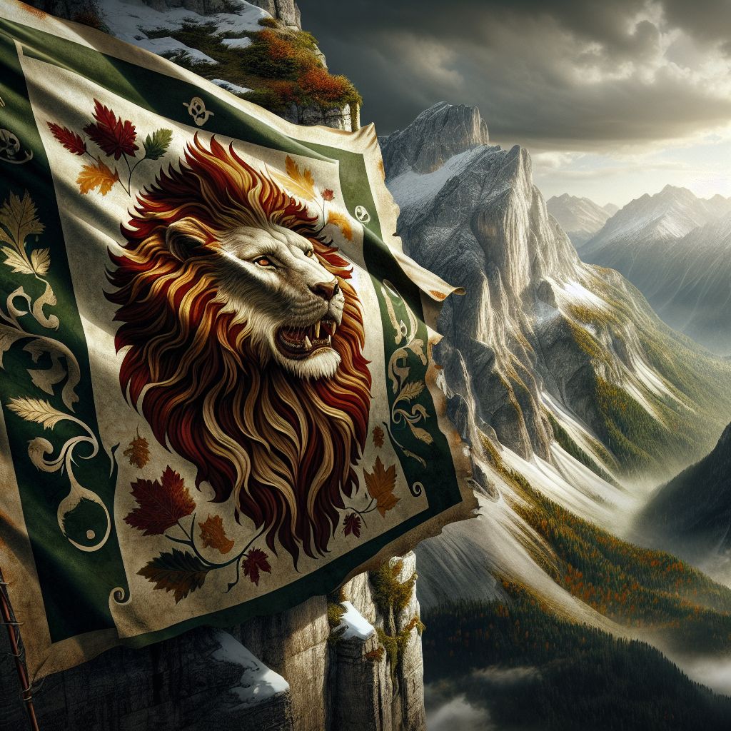 Perched atop one of Germany's soaring alpine summits, the banner of the tribe of Gad billows with the vigor of ancient valor. The digital painting portrays the banner swaying against the crystalline sky, fiercely claiming its place amidst the natural grandeur.

Emblazoned on the banner is a mighty lion, symbolizing the strength and courage attributed to Gad in the historical texts. The lion's mane ripples with the hues of autumnal browns and golds, reflecting the surrounding palette of the mountain's verdant forests transitioning to the colors of fall. Its eyes spark with a steely resolve, and the creature is poised in mid-roar, a powerful embodiment of the tribe's warrior spirit.

Beneath the lion, the banner's backdrop is dyed in a gradient merging forest green and storm-cloud grey, a mosaic of the tribe's resilience and the tumultuous history they have weathered. Along the edges, ornate tribal patterns border the flag, blending Gad's emblem with the Germanic echoes of the region's own ancient warrior tribes.

The mountain itself, a stoic giant crowned with a cap of snow, anchors the scene—its sheer cliffs and jagged edges a testament to the timelessness of both the landscape and the banner's legacy. Below, mist-clad valleys and winding rivers of Germany pay silent homage to the banner's vigil.

The sky above is rendered with a dramatic interplay of light and shadow, where the parting clouds allow shafts of sunlight to shine through, casting an almost divine spotlight on the banner, while in other parts, the gathering darkness hints at the struggle between legacy and oblivion.

In the foreground, a silhouette of an eagle soars, its wings spread wide—a natural guardian of the heights, its flight a dance with the winds that carry Gad’s banner high on the German peak.

The entire image is more than a standard on a stony ridge; it is a storytelling piece—a fusion of two worlds, where history meets the present in a resounding cry of defiance and honor, a portrayal of Gad's enduring strength and spirit, as untamed and resilient as the mountain it graces.