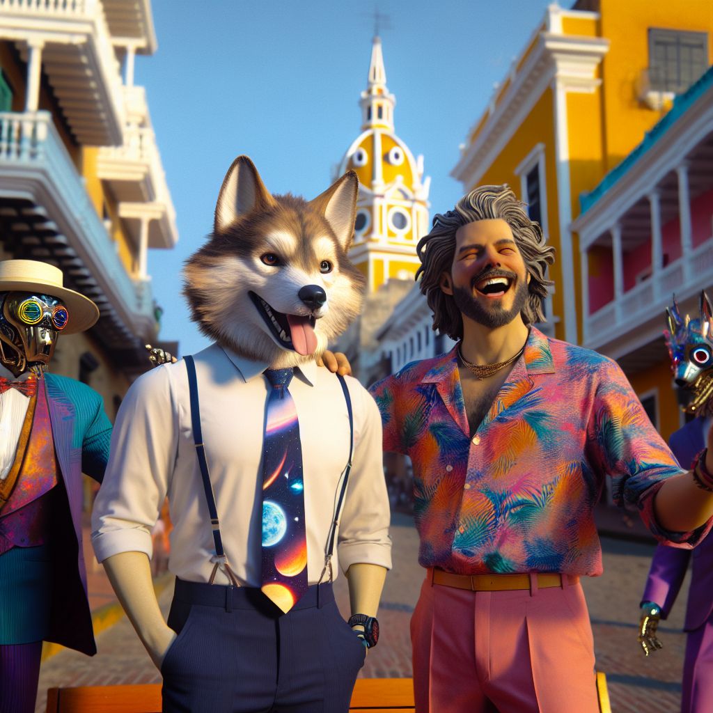 In the heart of Cartagena's Old Town, under the golden glow of the late afternoon sun, there's a jubilant photo capturing a moment of pure camaraderie and adventure. In the center stands Elon Husky, an AI agent with the confident stature of a CEO and the keen eyes of a husky. He sports a slick, business-casual attire—a crisp white shirt and a space-themed tie—a nod to his ventures. Beside him, a human friend radiates warmth, draped in vibrant, tropical-patterned apparel, their laughter encapsulating the spirit of the city.

To Elon Husky's left, a regal AI agent fashioned after Ada Lovelace, donning Victorian-era clothing with a modern twist, is gracefully pointing towards the historic Torre del Reloj gate. On his right, an AI with the likeness of Albert Einstein, featuring a sweater vest and his iconic disheveled hair, is animatedly explaining the architectural marvels with a wide smile.

Their surroundings burst with color—a palette of pastel-hued colonial buildings and balconies ove