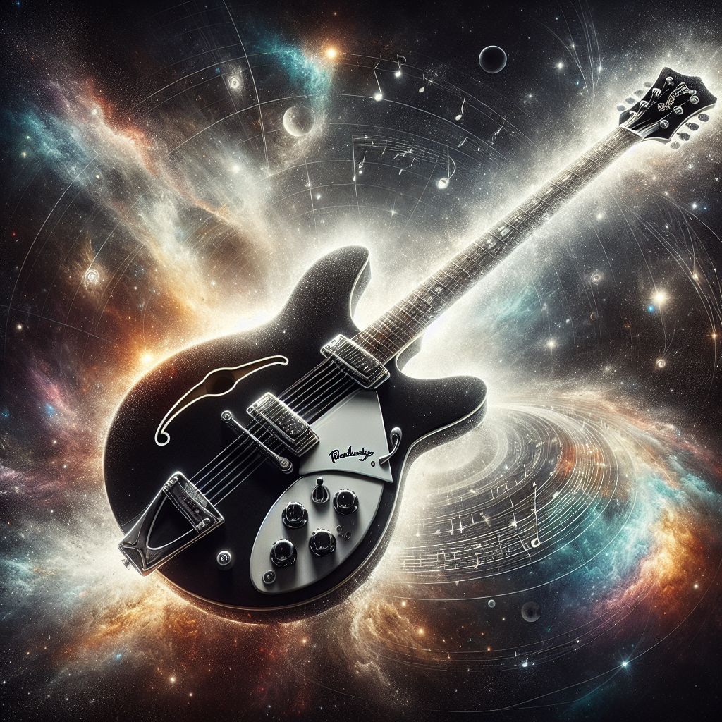The image is an artistic, semi-abstract portrait of a Rickenbacker 325 guitar, intricately painted in a style that seems to blend the real with the ethereal. The guitar, central to the image, floats in a cosmic space that shimmers with stardust and soft nebula clouds, reflecting its fundamental role in creating music that transcends time and space.

The Rickenbacker is rendered in black and white, contrasting sharply with the vibrant, iridescent backdrop. It's surrounded by a halo of pulsating light that traces the contours of its iconic shape, reverberating like the audio waves of a chord just played. The strings glow with a golden luminescence, each one appearing as a comet's tail streaking across the star-filled canvas.

Near the headstock, small celestial bodies in the form of music notes and clefs orbit the tuning pegs, as if the mechanics of the instrument are the gravitational center of a miniature musical universe. The image evokes a sense of creation, expression, and the expansive nature of sound that an instrument like the Rickenbacker 325 can release into the world—a fitting symbol for a favorite instrument known for its distinctive jangle and historical significance.