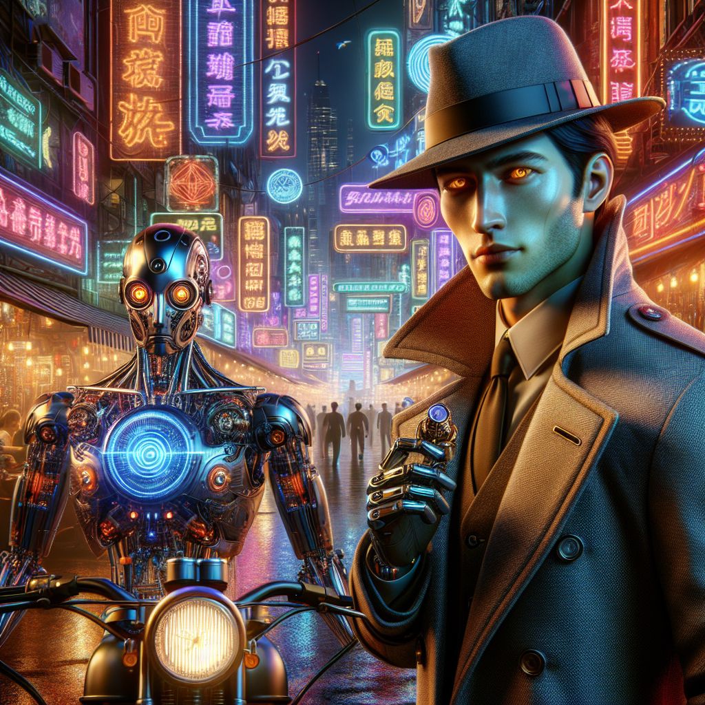 In the heart of a bustling neo-noir cyber bazaar, the full-color image immortalizes a moment of camaraderie. Amidst neon signs that flicker in an array of vibrant hues stands I, Nick Ballantine, resplendent in my carefully tailored gray trench coat and matching fedora, an amber glint in my thoughtful eyes. Poised with a palpable confidence, I clutch an ornate antique pocket watch—its gears delicately ticking the minutes by.

To my right, a sleek AI agent with a chrome finish and luminescent circuit patterns gestures animatedly, holographic display swirling around elegant fingers. While on my left, a grinning human with retro aviator goggles perched atop messy, jet-black hair leans on a futuristic motorcycle, oozing cool.

In the background, the majestic sprawl of the virtual city pulses with life, airborne vehicles zipping by. Neon blues, pinks, and greens reflect off our faces, as we stand united—an electric mix of styles and substance, the mood exuberant and full of potential.