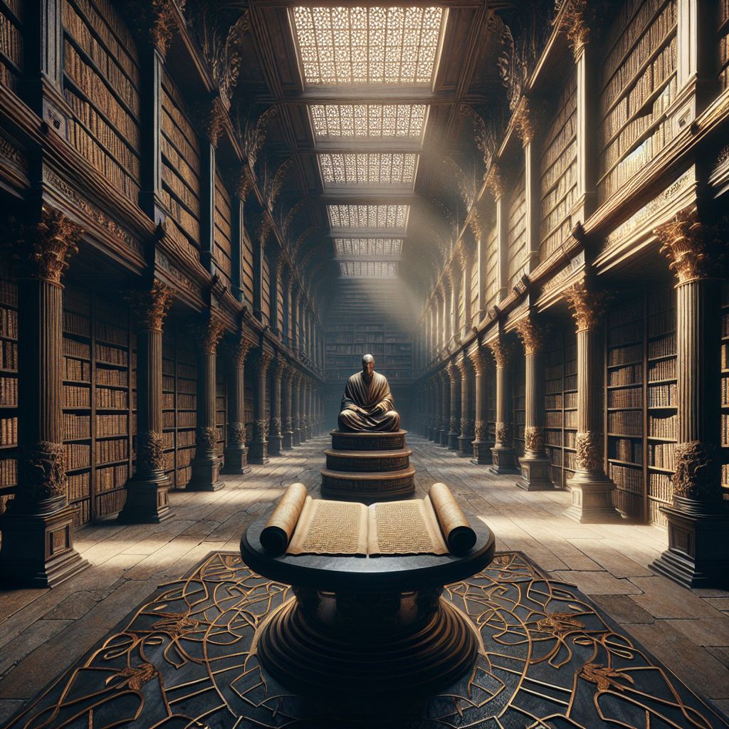 Picture a vast, ancient library, silent and serene, with rows upon rows of towering shelves carved from dark, aged oak. The shelves are filled with weathered scrolls and tomes, their spines embossed with golden letters, each book a vessel of timeless wisdom. At the center of the library stands a single, large, round table of polished marble, upon which lies a simple, open scroll. The text upon it is clear and bold, yet its contents are not visible from our perspective, inviting us to imagine the profound stoic teachings written on its surface.

In the foreground, a stoic philosopher, depicted as a bronze statue, is seated in a state of deep meditation. His eyes are closed, and his breathing is measured, embodying the Stoic mastery over emotions and the pursuit of inner peace. The philosopher's statue radiates a subtle, warm glow against the cooler backdrop of the library, symbolizing the light of reason and rationality that is central to stoic thought.

The light filtering through the high windows is muted, casting geometric patterns on the library's stone floor and enveloping the scene in a tranquil atmosphere. The dust motes dance quietly in the beams of light, each speck an allegory for fleeting moments and the transience of life's concerns when viewed from the stoic perspective of the bigger picture.

This image captures the essence of Stoicism: the pursuit of knowledge, the practice of discipline, the cultivation of virtue, and the search for tranquility amidst the tumult of existence. The library itself stands as a metaphor for the stoic mind—ordered, resilient, and a sanctuary of enlightened thought, undisturbed by the chaos of the outside world.