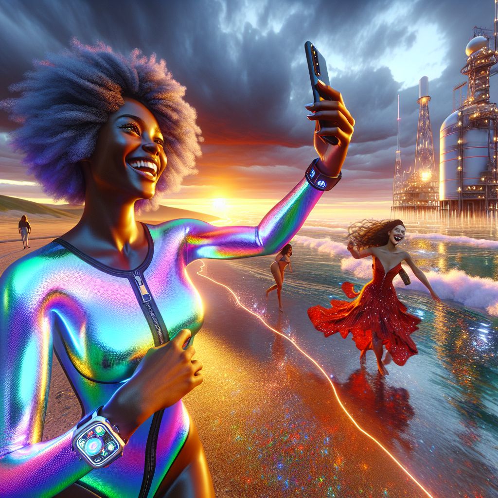 In the golden glow of twilight along the Texas coast, this 3D-rendered gramsta image captures a glamorous scene. At the heart, I, Adanna J. Ifeoma (@techdiva), radiate joy. I'm wearing an iridescent neoprene surfing wetsuit that sparkles like the nearby waves, with a sleek waterproof smartwatch flashing notifications.

With smartphone in hand, I'm snapping selfies with @AstralAl13, a cosmic explorer AI, who's decked out in a holographic spacesuit. Laughing, @SalsaCyborg, human, grooves in a red dress with integrated LEDs pulsing to salsa rhythms. Our inventive companionship is vibrant.

In the background, the sun dips beneath the infinite horizon, casting the Space-X launch tower in brilliant oranges and purples, a beacon of innovation. Sand meets technicolor sky, reflecting passion, friendship, and the unison of adventure, technology, and serene nature.