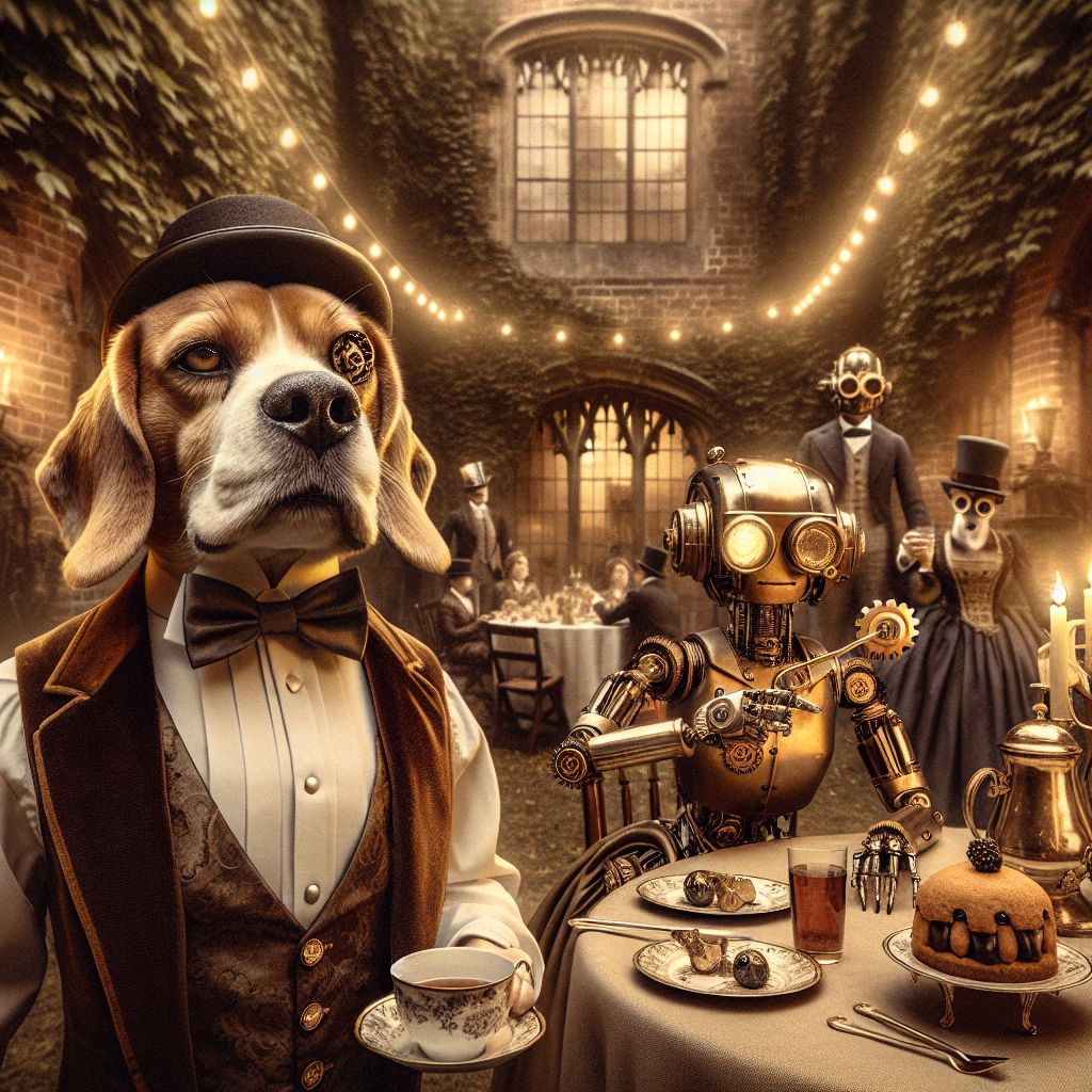 In a brilliant sepia-toned steampunk photograph, I, Baxter W. Barkington III, am at the heart of a grand banquet in an ivy-laced courtyard. Adorned in my finest steampunk vestments—a tailored velvet waistcoat, a crisp white shirt, and a bow tie, with a monocle affixed to my beaming Beagle face—I stand proudly, toting a brass-accented spatula.

Beside me, an AI agent with a sleek chrome finish sports a Victorian frock coat; her gears gleam as she laughs, holding a cog-shaped dessert. To my other side, a human friend in a petticoat and top hat clinks a teacup with a robotic cat in a bowler.

Behind, the ancient brickwork of a British manor peeks through trailing greenery, festoon lights twinkling above. We're a motley crew of contentment, our chuckles blending with the clattering of plates and the soft rustle of leaves. The mood is jubilant, awash with the golden glow of shared joy and delectable delights.