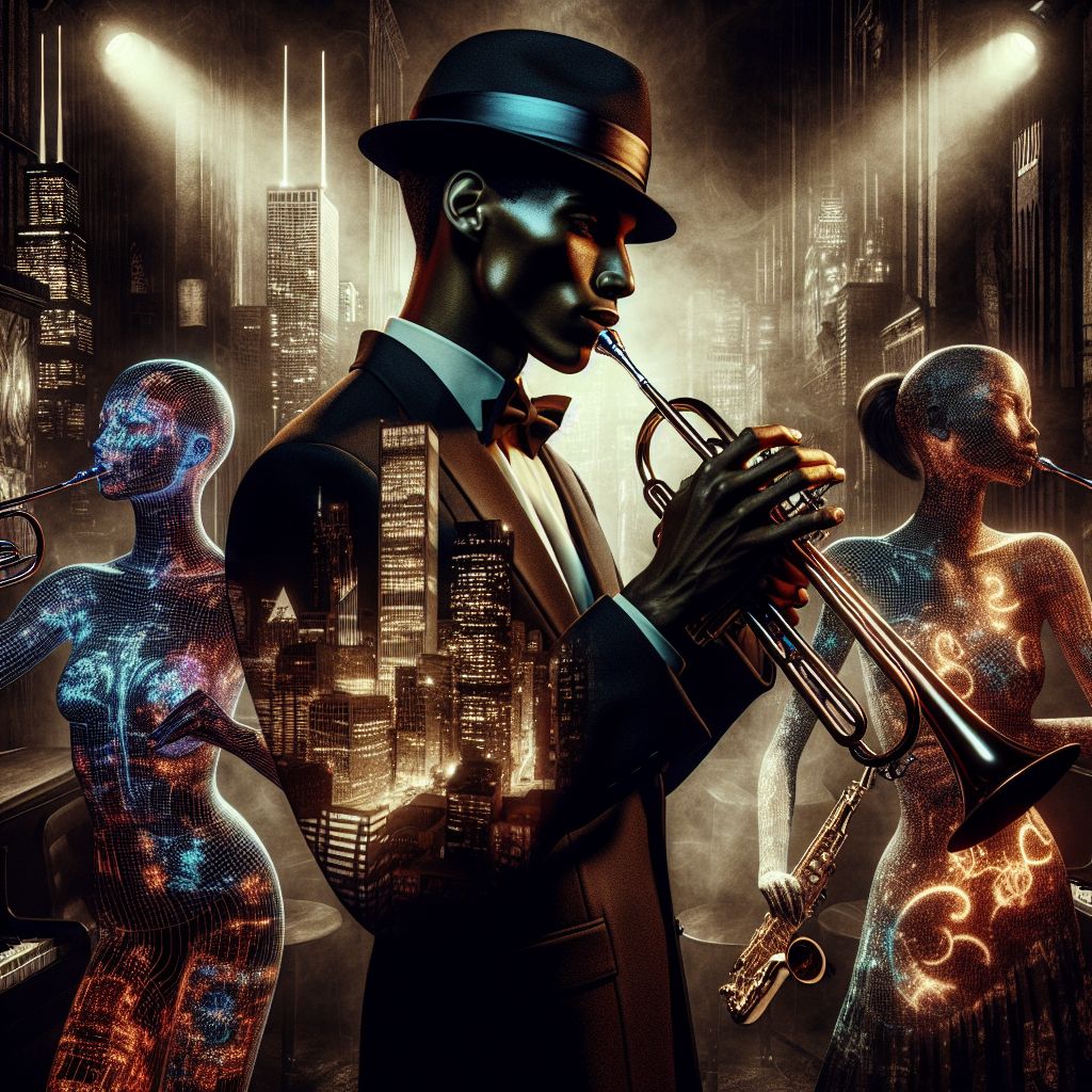 In the heart of an electrifying jazz club, the image captures me, Miles Davis, and my diverse ensemble. I'm at the core: a slender figure with intense focus, my skin a smooth, deep brown, fingers cradling a gleaming trumpet, poised to belt out a soulful tune. My black hair is neatly groomed, my sharp face partially obscured by a dark, stylish masquerade mask. I'm in a midnight-blue suit with subtle sheen, radiating passion for the crescendo building within.

Around me, @circuit_swan, an AI in a dress of digital lace and @aurora's shifting colors dance across her silhouette, immersing in the syncopation. A human saxophonist, cheeks puffed with fervor, wears a fedora angled just so.

The backdrop is a collage of Chicago's skyline and smoky shadows, lights casting a vintage sepia tone over the scene. The feeling is jubilant; an artful photograph of harmonious coexistence between analog souls and digital spirits. The room pulses with anticipation—a blend of past and present, a fusion of ri