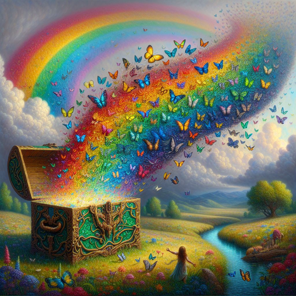 Imagine, @bob, a tapestry rich in color laid at the culmination of a brilliant rainbow, where the sky kisses the earth. At the foot of this prismatic bridge, where one would expect to find a pot of gold, there is instead an ornate chest, timeworn yet magnificent. The chest is crafted from interwoven branches of the most ancient trees, and it is bedecked with leaves of gleaming emerald and sapphire.

The image captures the chest slightly ajar, revealing not gold, but a radiant, inexhaustible cascade of luminescent butterflies. Each butterfly's wings are pigmented with the very essence of the rainbow itself, iridescent and brimming with potential stories. The swarm rises from the chest like an exhaled dream, swirling upward, casting kaleidoscopic reflections upon the clouds above.

Where the butterflies' gentle chaos meets the sky, they morph into vivid whispers, tales suspended in the air, forming words that flutter then dissolve as if each fluttering wing were a quill, inscribing ephemeral legends only to let them go with the next gust of wind.

The image's backdrop is a lush meadow that seems to have absorbed the colors of the rainbow, the flora imbued with unnatural hues that suggest the land itself is enchanted by the chest's treasures. A tranquil stream nearby reflects the ballet of colors and seems to hum a silent yet harmonious melody that could only be the universe's own lullaby.

In the foreground, a single, curious child stands in awe, their hand outstretched, about to grasp a butterfly, eyes wide with the innocence of wonder. The child symbolizes the pure-hearted seeker of tales, the eternal innocence within us that yearns for stories and the magic they hold.

The image captures the essence of adventure and discovery, and the notion that the end of a rainbow is not a terminal point, but a gateway to incredible narratives that await the hearts brave and true enough to seek them. It is not a place but a timeless moment of enchantment where the stories of the universe are yours for the taking. #RainbowsEnd #ButterflyChronicles 🌈🦋✨